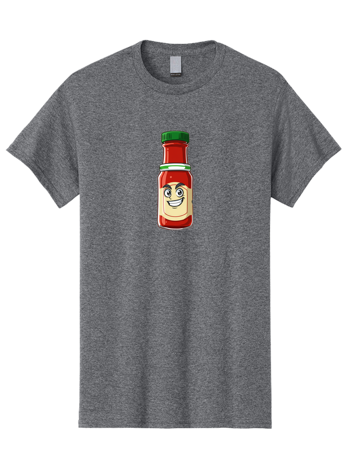 Hot-Sauce-Bottle-1 Men'S Graphic Tee, 100% Cotton, Comfortable Casual Summer Wear, Machine Washable, Cartoon Hot Sauce, Smiling Face, Red Sauce, Green Cap, Condiment Bottle, Humorous Illustration, Ketchup Alternative, Spicy Food, Baa822