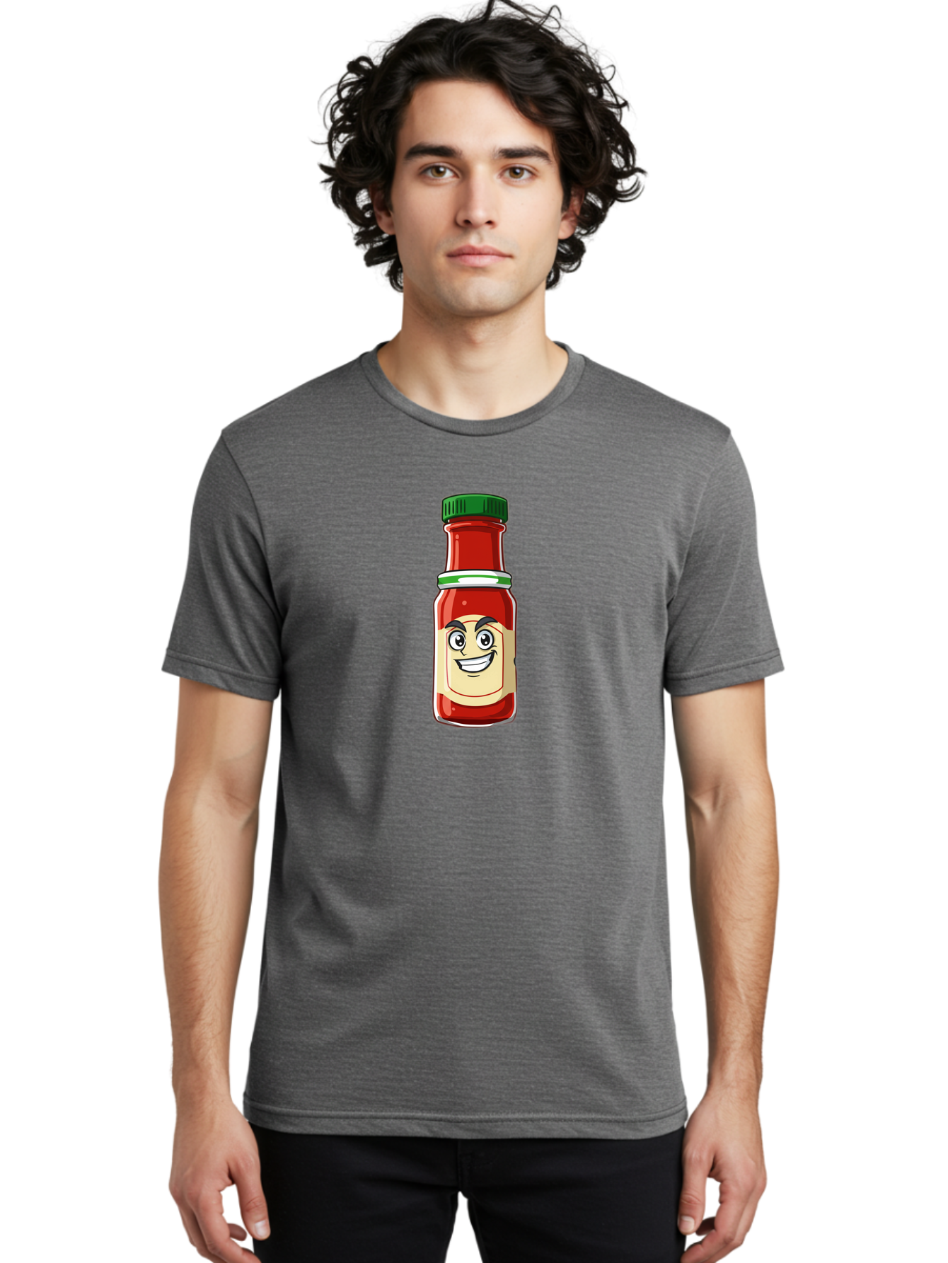 Hot-Sauce-Bottle-1 Men'S Graphic Tee, 100% Cotton, Comfortable Casual Summer Wear, Machine Washable, Cartoon Hot Sauce, Smiling Face, Red Sauce, Green Cap, Condiment Bottle, Humorous Illustration, Ketchup Alternative, Spicy Food, Baa822