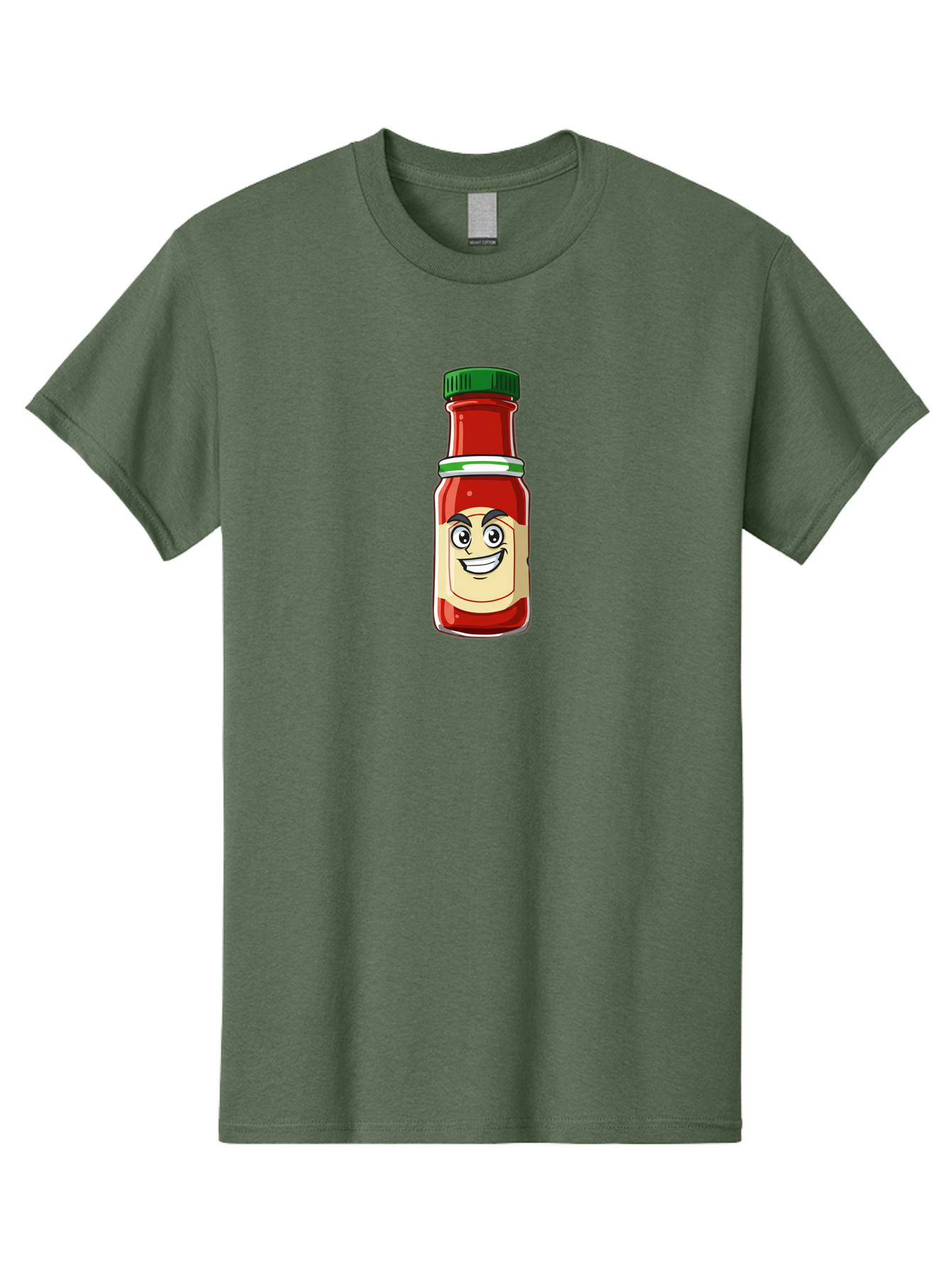 Hot-Sauce-Bottle-1 Men'S Graphic Tee, 100% Cotton, Comfortable Casual Summer Wear, Machine Washable, Cartoon Hot Sauce, Smiling Face, Red Sauce, Green Cap, Condiment Bottle, Humorous Illustration, Ketchup Alternative, Spicy Food, Baa822