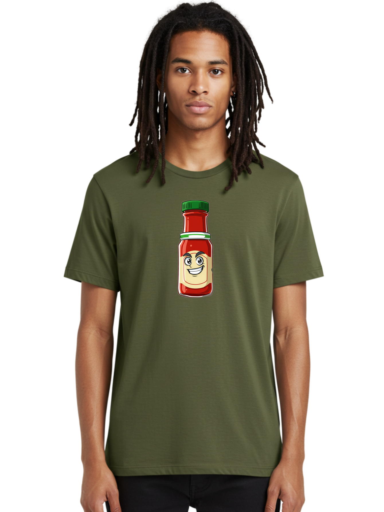 Hot-Sauce-Bottle-1 Men'S Graphic Tee, 100% Cotton, Comfortable Casual Summer Wear, Machine Washable, Cartoon Hot Sauce, Smiling Face, Red Sauce, Green Cap, Condiment Bottle, Humorous Illustration, Ketchup Alternative, Spicy Food, Baa822