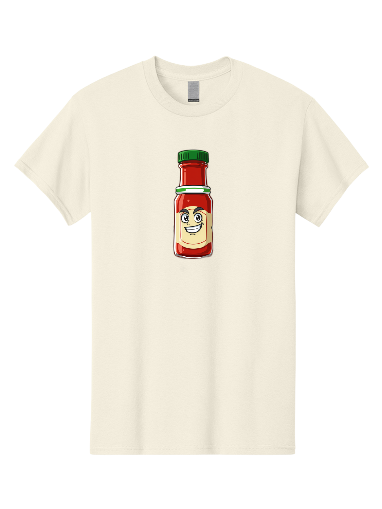 Hot-Sauce-Bottle-1 Men'S Graphic Tee, 100% Cotton, Comfortable Casual Summer Wear, Machine Washable, Cartoon Hot Sauce, Smiling Face, Red Sauce, Green Cap, Condiment Bottle, Humorous Illustration, Ketchup Alternative, Spicy Food, Baa822