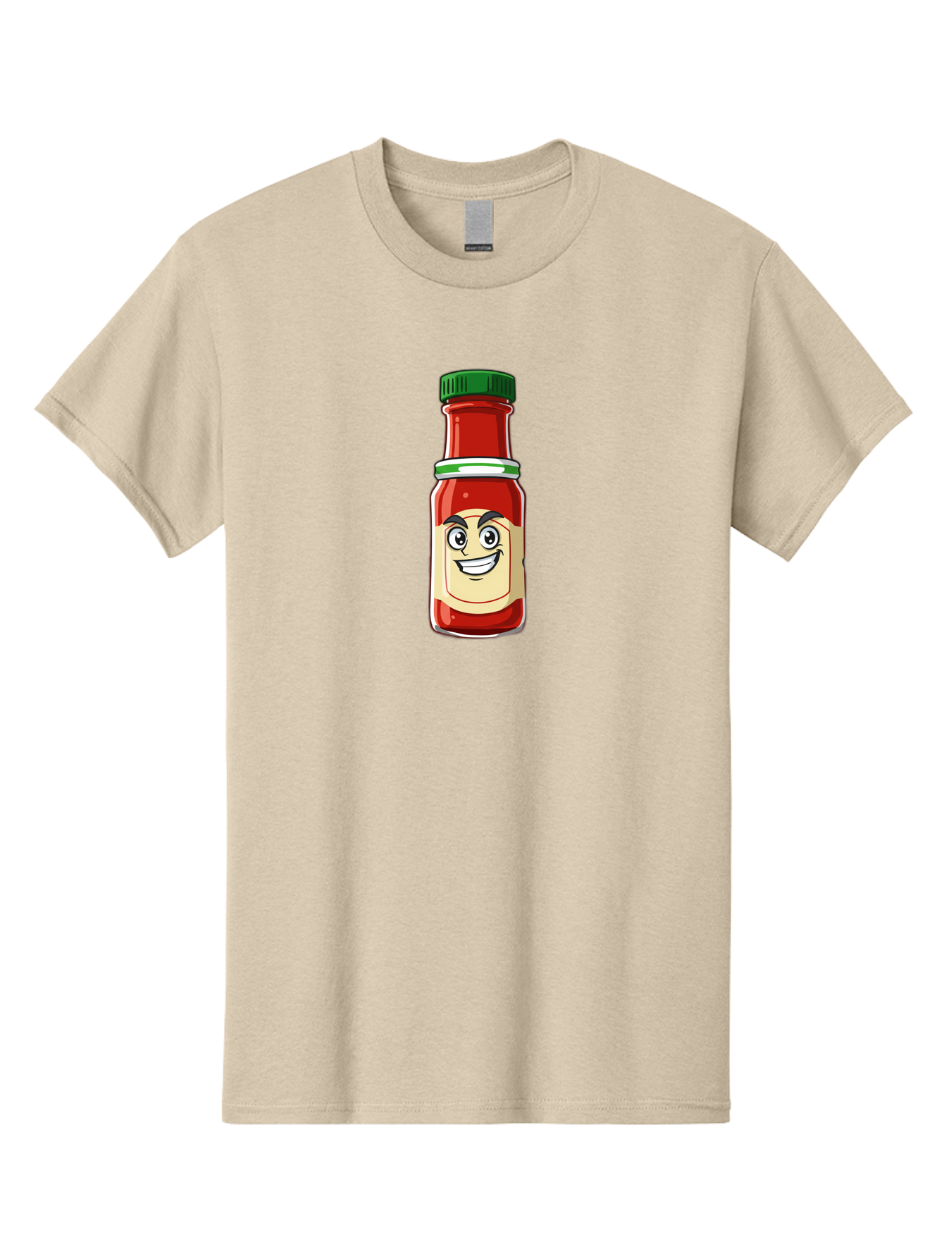 Hot-Sauce-Bottle-1 Men'S Graphic Tee, 100% Cotton, Comfortable Casual Summer Wear, Machine Washable, Cartoon Hot Sauce, Smiling Face, Red Sauce, Green Cap, Condiment Bottle, Humorous Illustration, Ketchup Alternative, Spicy Food, Baa822