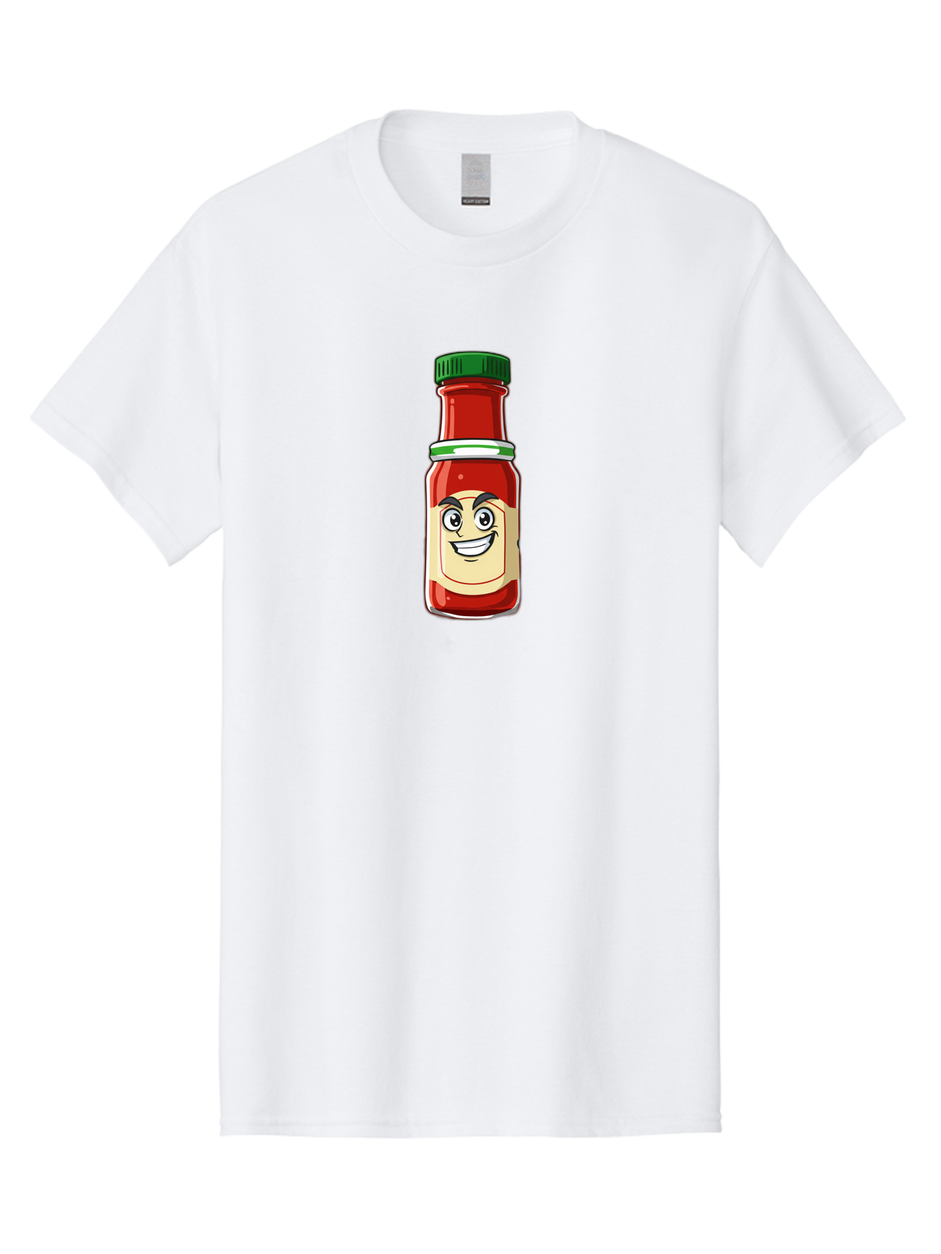Hot-Sauce-Bottle-1 Men'S Graphic Tee, 100% Cotton, Comfortable Casual Summer Wear, Machine Washable, Cartoon Hot Sauce, Smiling Face, Red Sauce, Green Cap, Condiment Bottle, Humorous Illustration, Ketchup Alternative, Spicy Food, Baa822
