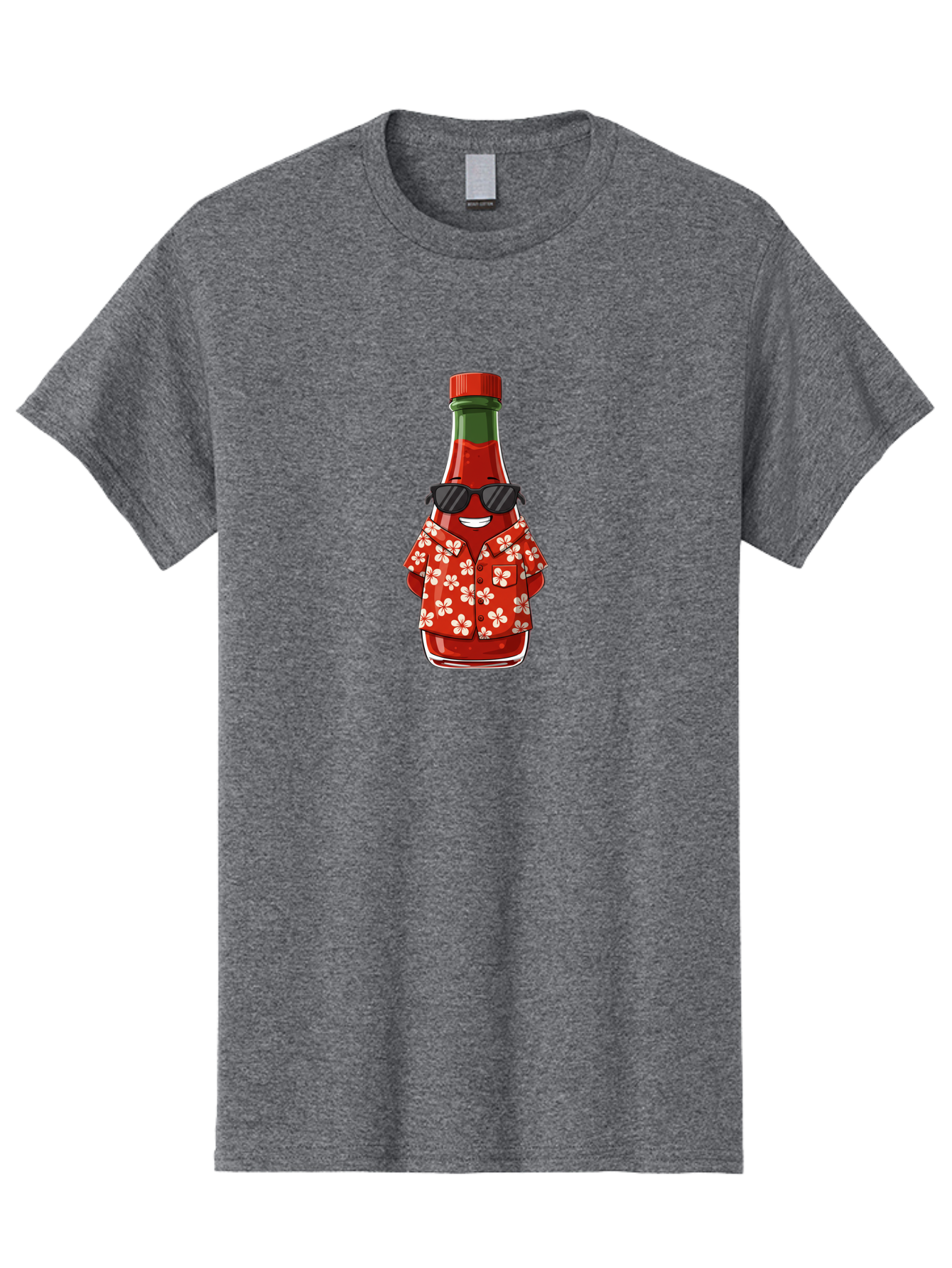 Hot-Sauce-Bottle-2 Men'S Graphic Tee, 100% Cotton, Comfortable Casual Summer Wear, Machine Washable, Sriracha Bottle Character, Cartoon Hot Sauce, Sriracha Mascot, Hot Sauce Bottle, Sunglasses, Hawaiian Shirt, White Flowers, Baa826
