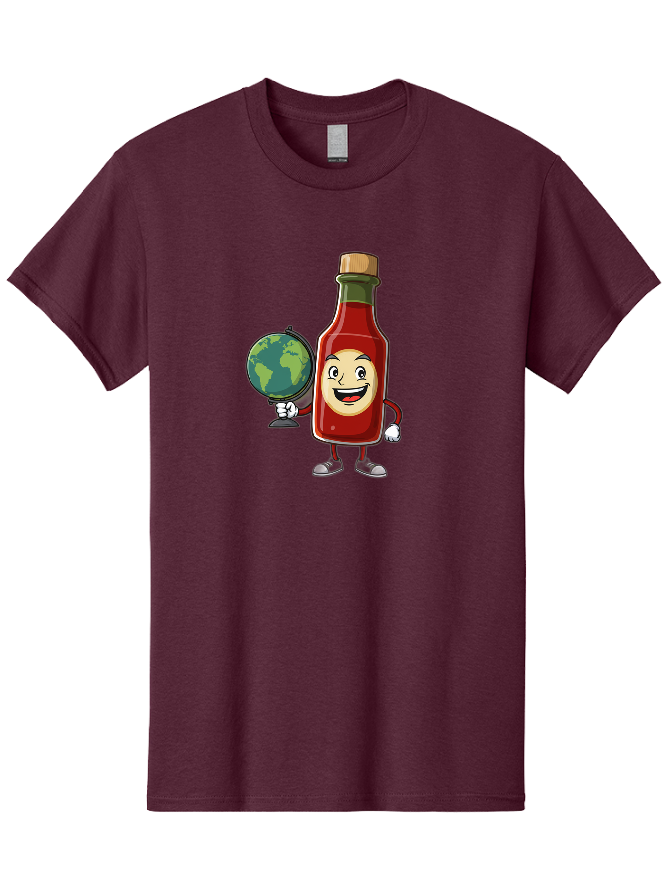 Hot-Sauce-Bottle-3 Men'S Graphic Tee, 100% Cotton, Comfortable Casual Summer Wear, Machine Washable, Hot Sauce Bottle Character, Cartoon Mascot, Smiling Face, Globe, Spicy Food, Condiment, Foodie Culture, Cartoon Style, Funny Illustration Baa827