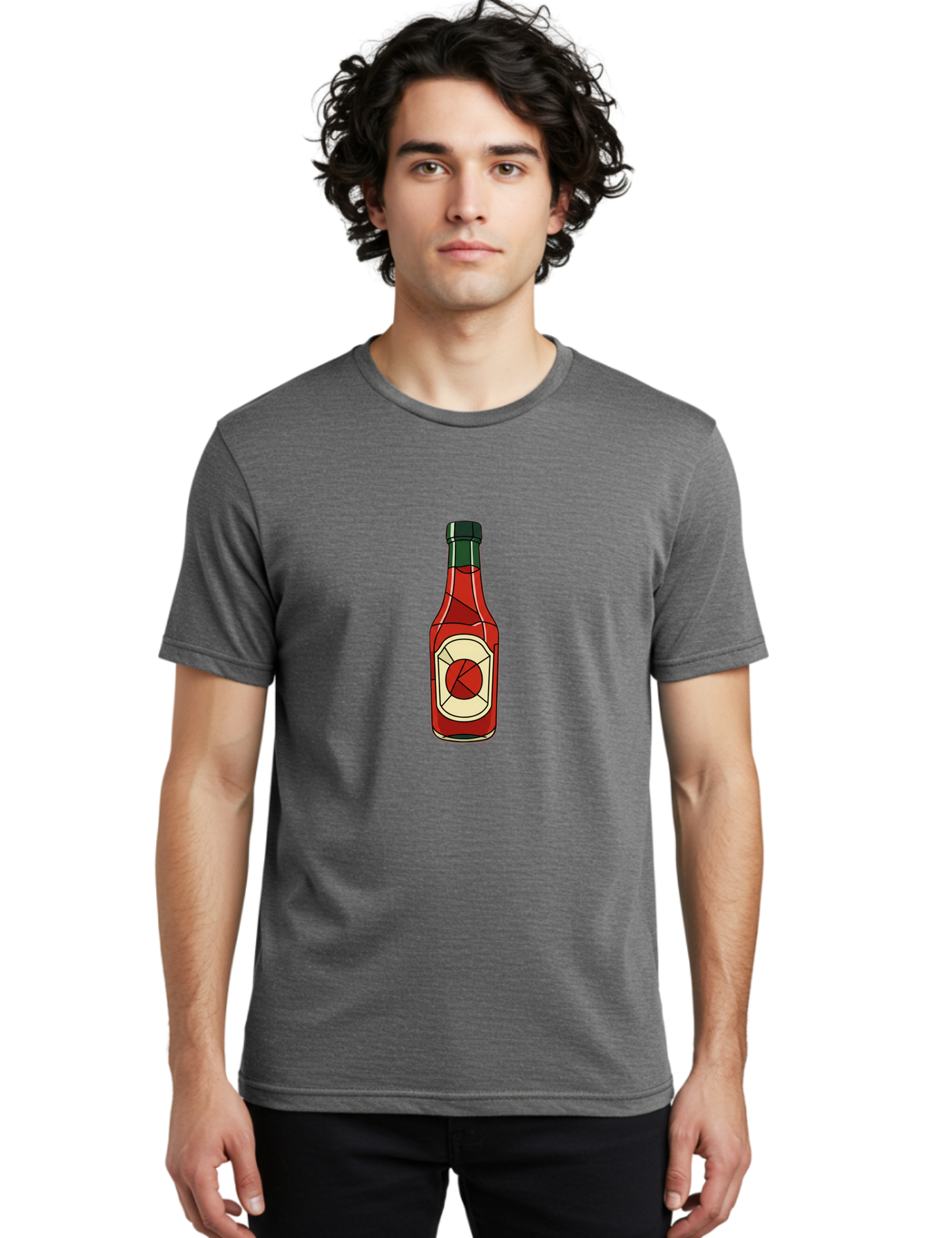 Hot-Sauce-Bottle-5 Men'S Graphic Tee, 100% Cotton, Comfortable Casual Summer Wear, Machine Washable, Hot Sauce Bottle, Spicy Condiment, Red Liquid, Black Cap, Geometric Design, Minimalist Illustration, Cartoon Style, Food Seasoning Baa829
