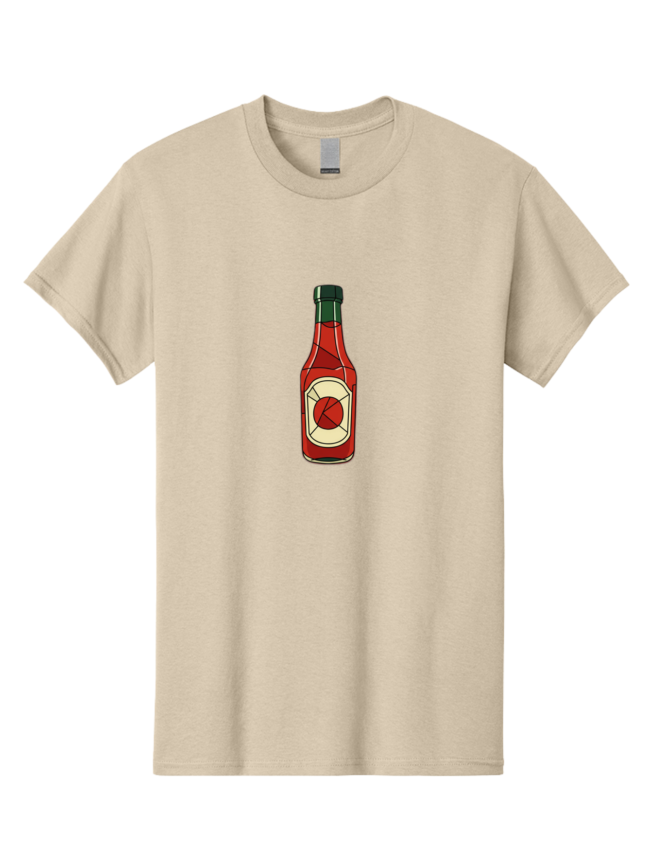 Hot-Sauce-Bottle-5 Men'S Graphic Tee, 100% Cotton, Comfortable Casual Summer Wear, Machine Washable, Hot Sauce Bottle, Spicy Condiment, Red Liquid, Black Cap, Geometric Design, Minimalist Illustration, Cartoon Style, Food Seasoning Baa829