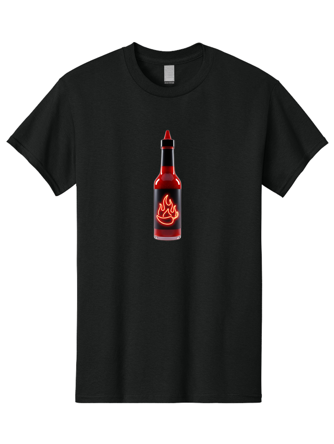 Hot-Sauce-Bottle-9 Men'S Graphic Tee, 100% Cotton, Comfortable Casual Summer Wear, Machine Washable, Hot Sauce, Spicy Condiment, Chili Peppers, Fiery Flavor, Red Sauce, Bottle With Pointed Cap, Neon Flame Design, Black Label Baa833
