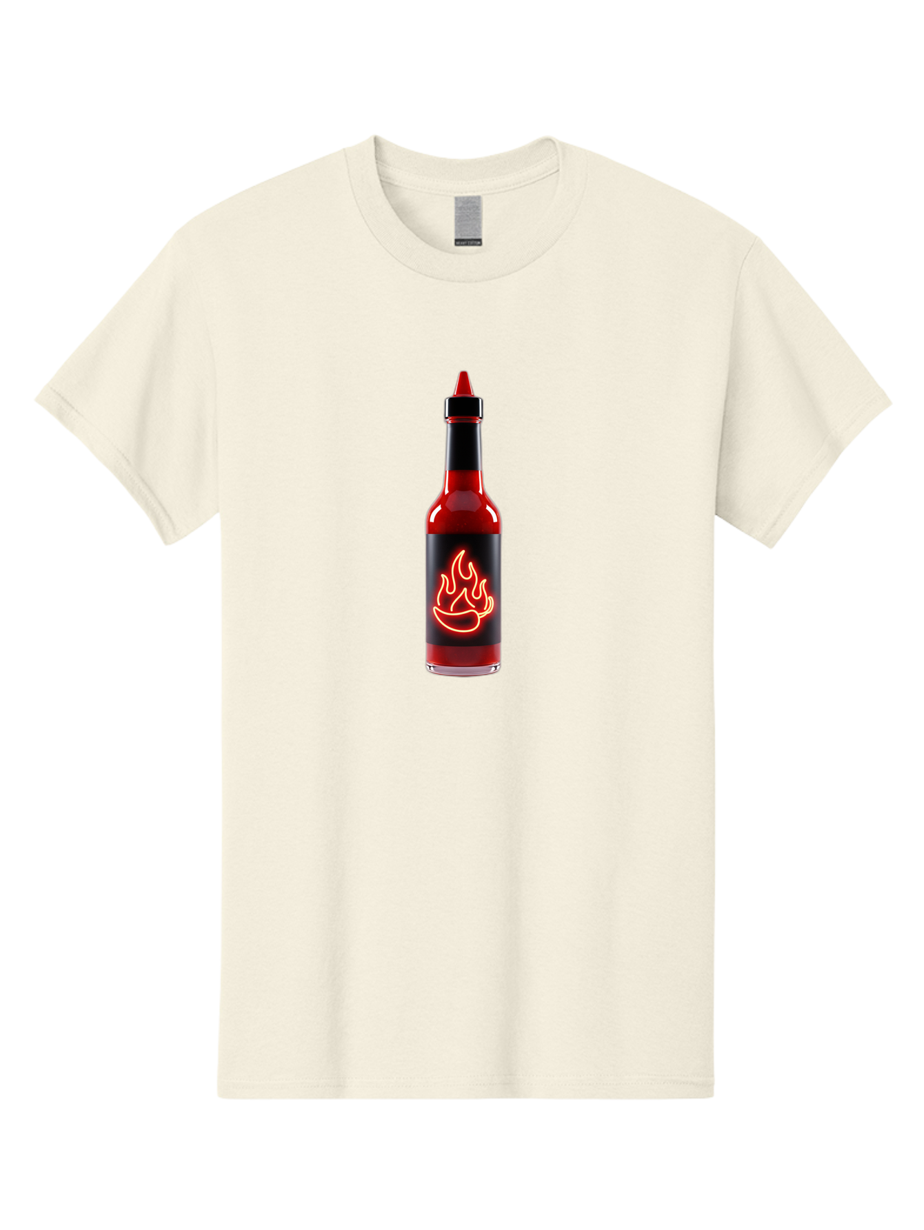 Hot-Sauce-Bottle-9 Men'S Graphic Tee, 100% Cotton, Comfortable Casual Summer Wear, Machine Washable, Hot Sauce, Spicy Condiment, Chili Peppers, Fiery Flavor, Red Sauce, Bottle With Pointed Cap, Neon Flame Design, Black Label Baa833