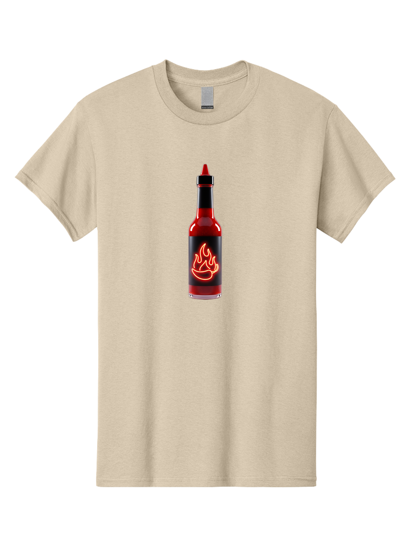 Hot-Sauce-Bottle-9 Men'S Graphic Tee, 100% Cotton, Comfortable Casual Summer Wear, Machine Washable, Hot Sauce, Spicy Condiment, Chili Peppers, Fiery Flavor, Red Sauce, Bottle With Pointed Cap, Neon Flame Design, Black Label Baa833