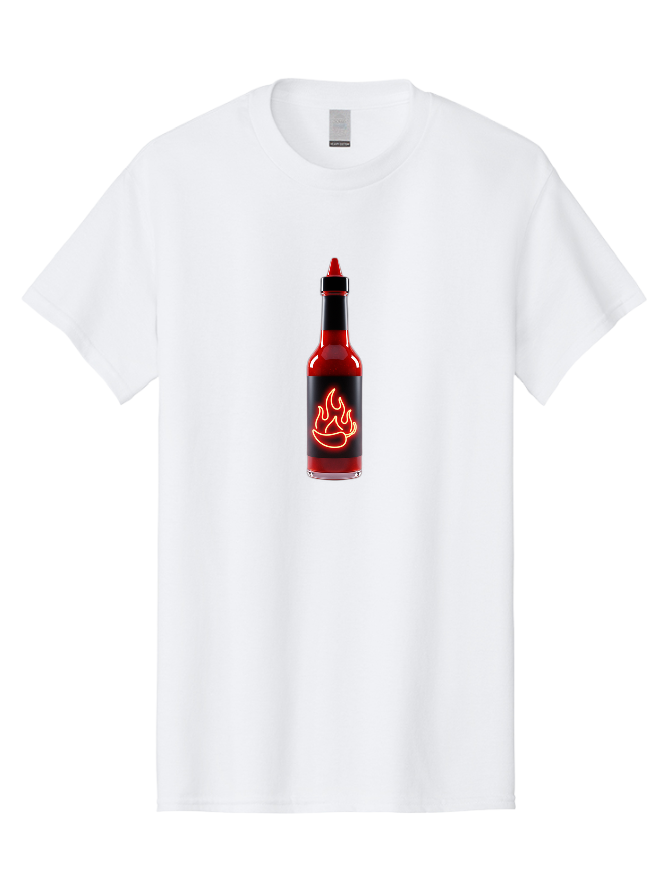 Hot-Sauce-Bottle-9 Men'S Graphic Tee, 100% Cotton, Comfortable Casual Summer Wear, Machine Washable, Hot Sauce, Spicy Condiment, Chili Peppers, Fiery Flavor, Red Sauce, Bottle With Pointed Cap, Neon Flame Design, Black Label Baa833