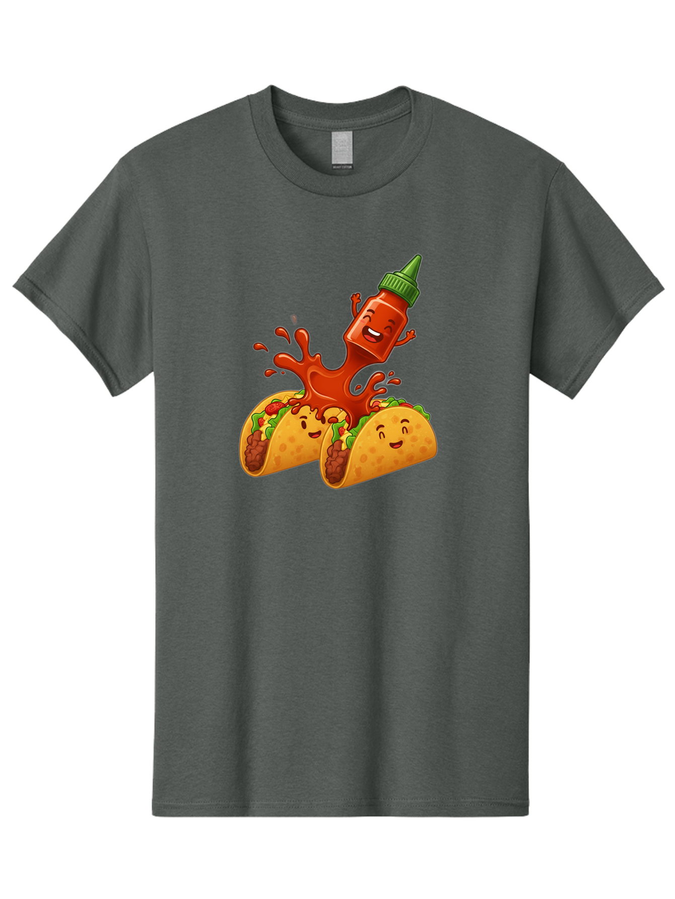 Hot-Sauce-Bottle-And-Tacos Men'S Graphic Tee, 100% Cotton, Comfortable Casual Summer Wear, Machine Washable, Hot Sauce, Ketchup Bottle Character, Cartoon Tacos, Spiky Green Cap, Happy And Playful, Drippy Splatter, Meaty And Leafy Taco Filling, Baa834