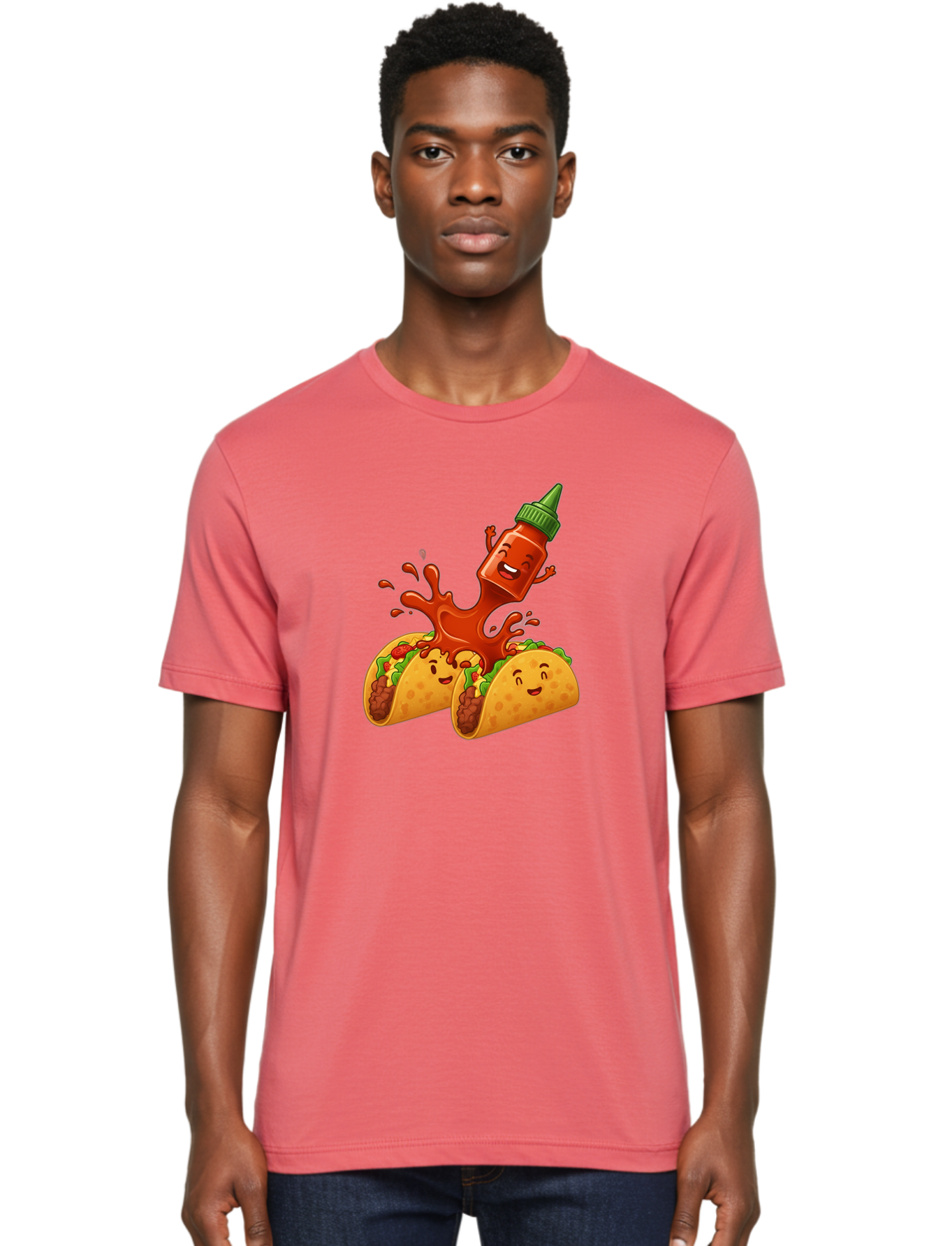 Hot-Sauce-Bottle-And-Tacos Men'S Graphic Tee, 100% Cotton, Comfortable Casual Summer Wear, Machine Washable, Hot Sauce, Ketchup Bottle Character, Cartoon Tacos, Spiky Green Cap, Happy And Playful, Drippy Splatter, Meaty And Leafy Taco Filling, Baa834