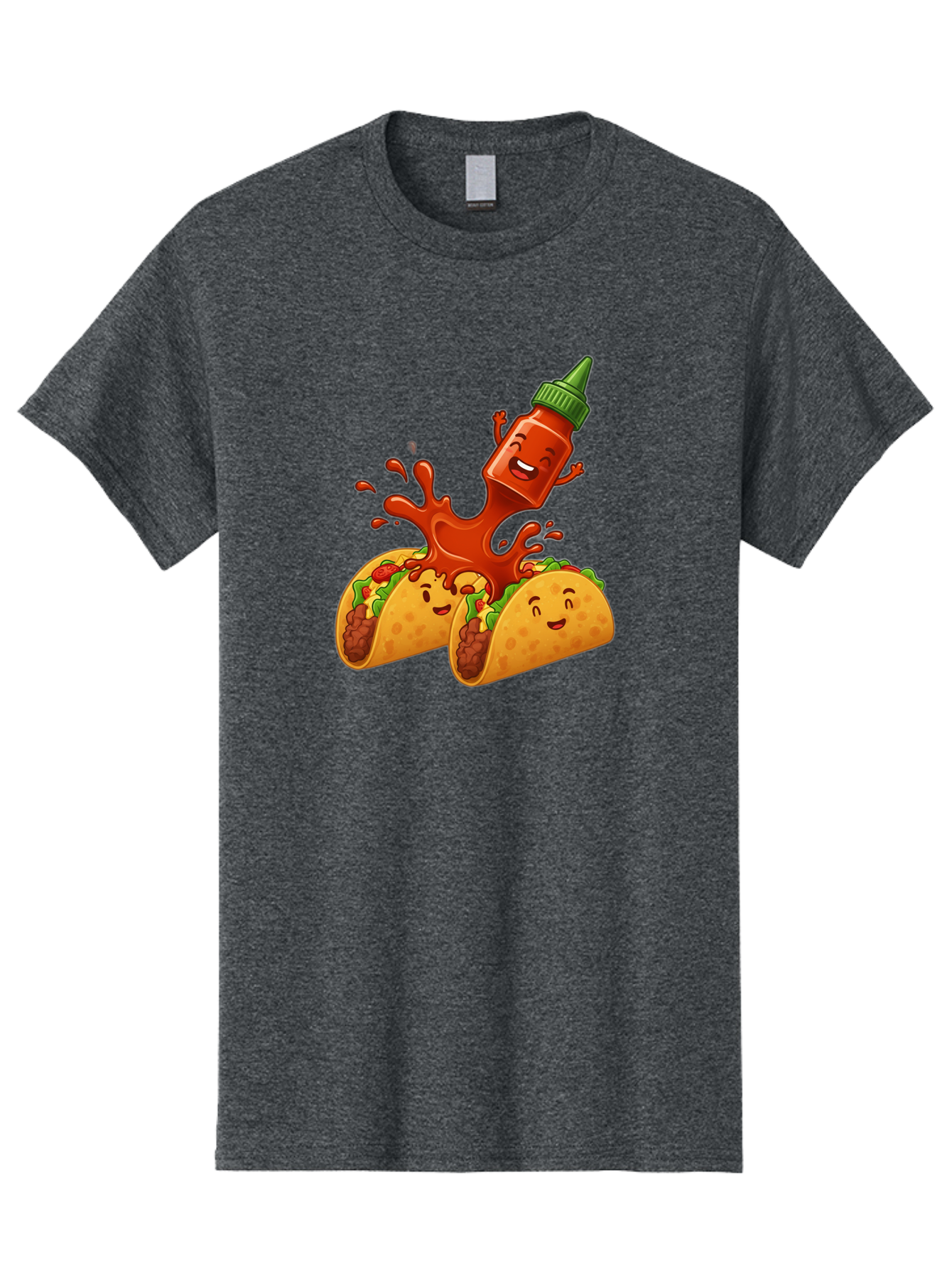 Hot-Sauce-Bottle-And-Tacos Men'S Graphic Tee, 100% Cotton, Comfortable Casual Summer Wear, Machine Washable, Hot Sauce, Ketchup Bottle Character, Cartoon Tacos, Spiky Green Cap, Happy And Playful, Drippy Splatter, Meaty And Leafy Taco Filling, Baa834