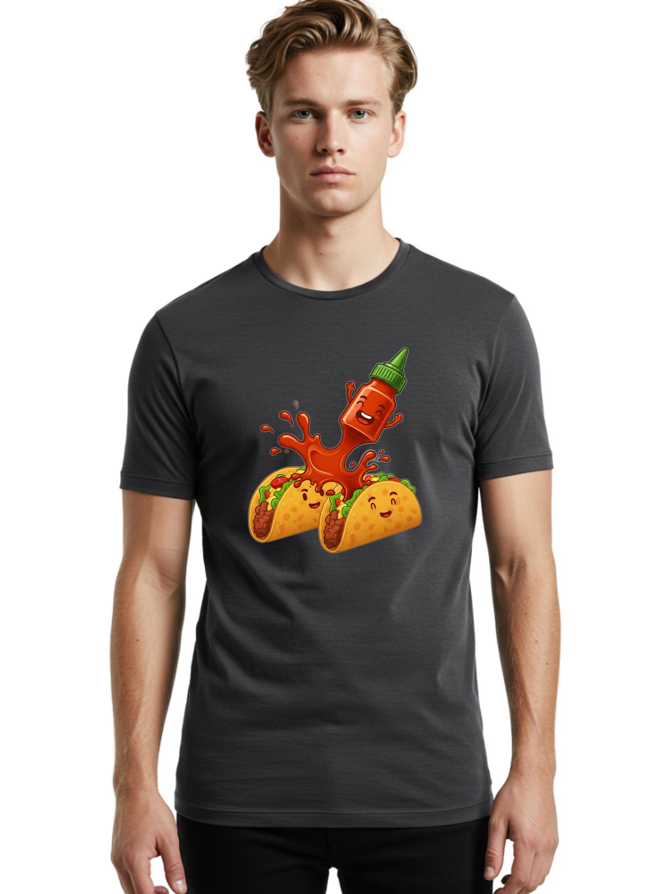 Hot-Sauce-Bottle-And-Tacos Men'S Graphic Tee, 100% Cotton, Comfortable Casual Summer Wear, Machine Washable, Hot Sauce, Ketchup Bottle Character, Cartoon Tacos, Spiky Green Cap, Happy And Playful, Drippy Splatter, Meaty And Leafy Taco Filling, Baa834