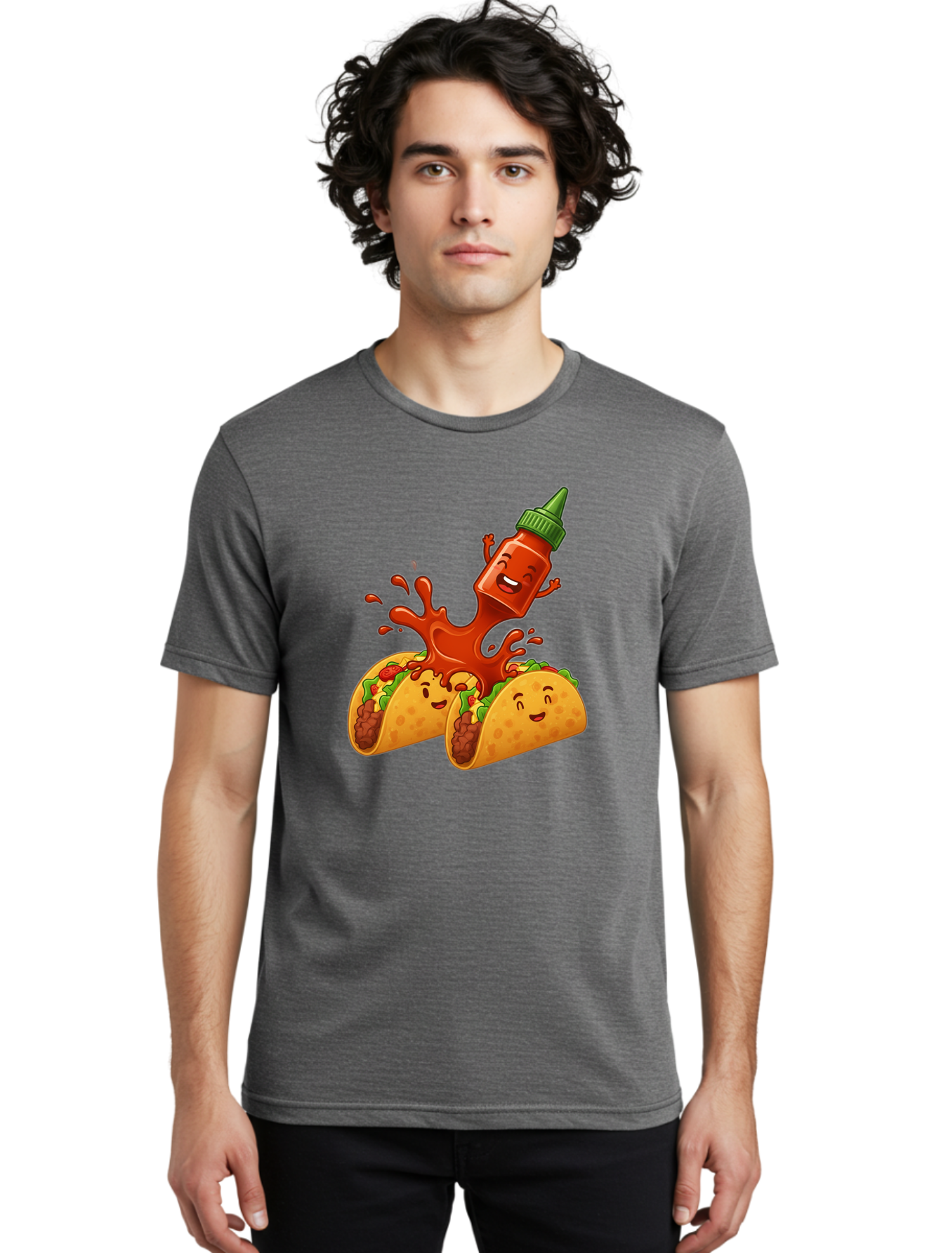 Hot-Sauce-Bottle-And-Tacos Men'S Graphic Tee, 100% Cotton, Comfortable Casual Summer Wear, Machine Washable, Hot Sauce, Ketchup Bottle Character, Cartoon Tacos, Spiky Green Cap, Happy And Playful, Drippy Splatter, Meaty And Leafy Taco Filling, Baa834