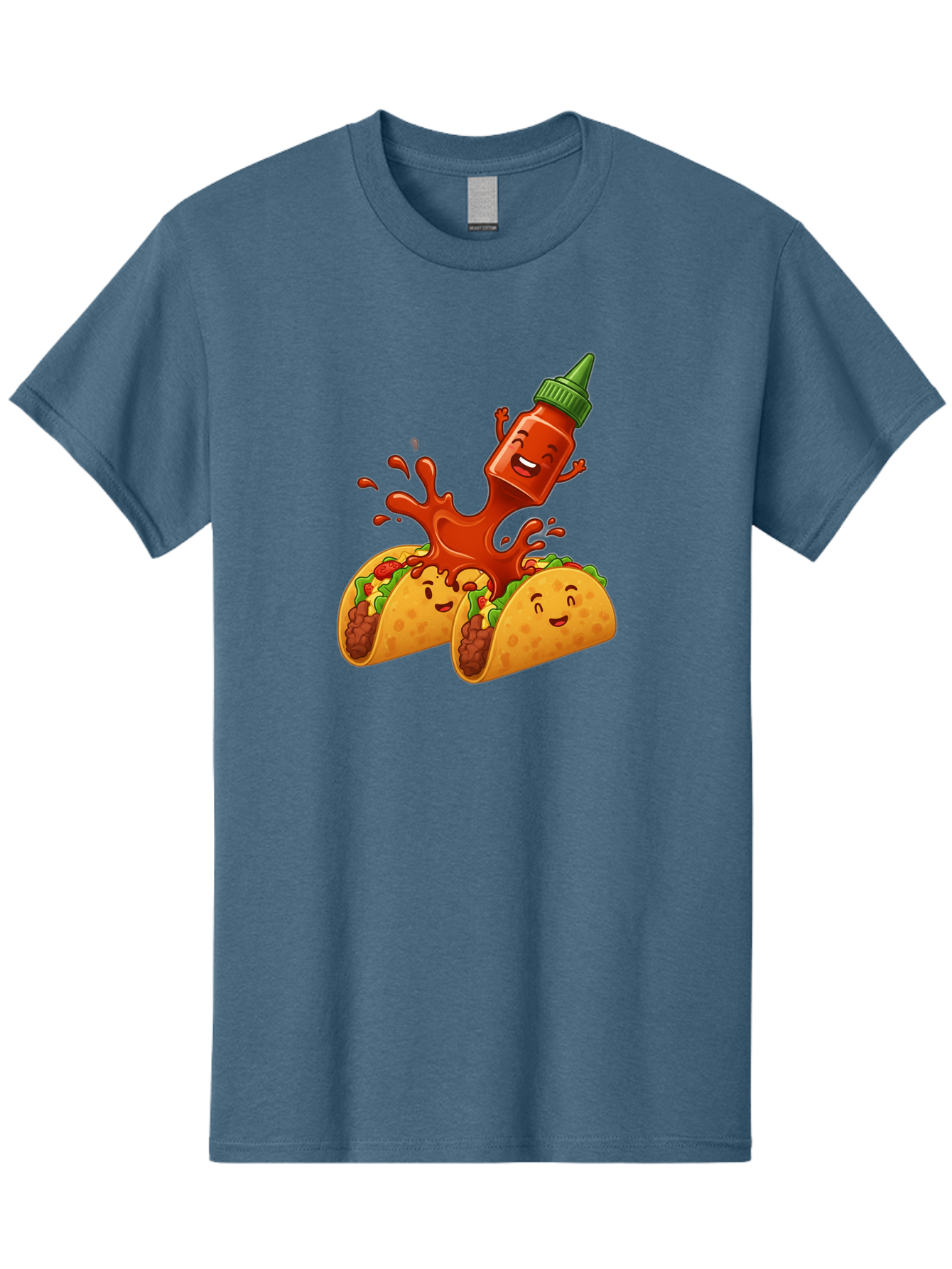 Hot-Sauce-Bottle-And-Tacos Men'S Graphic Tee, 100% Cotton, Comfortable Casual Summer Wear, Machine Washable, Hot Sauce, Ketchup Bottle Character, Cartoon Tacos, Spiky Green Cap, Happy And Playful, Drippy Splatter, Meaty And Leafy Taco Filling, Baa834