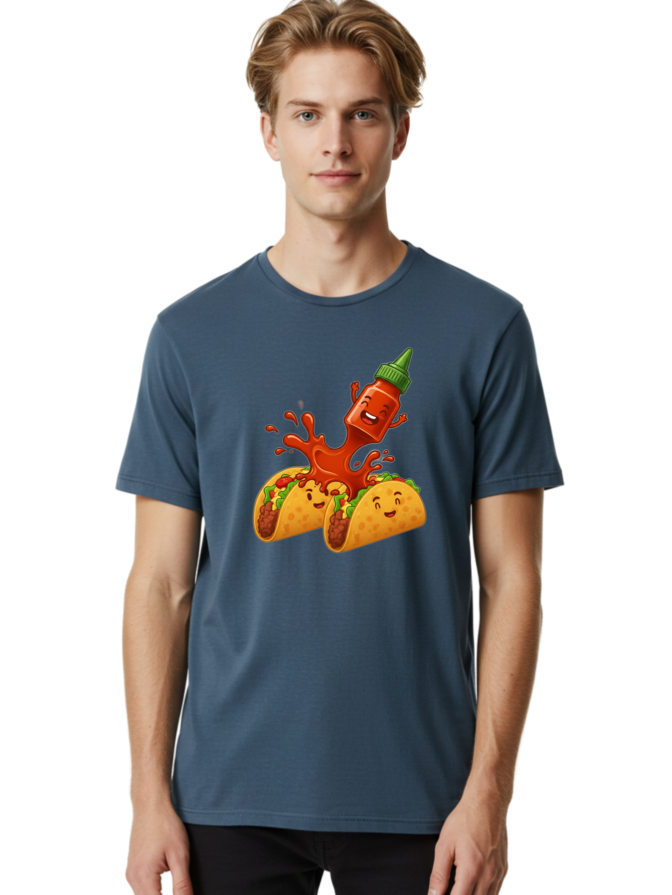Hot-Sauce-Bottle-And-Tacos Men'S Graphic Tee, 100% Cotton, Comfortable Casual Summer Wear, Machine Washable, Hot Sauce, Ketchup Bottle Character, Cartoon Tacos, Spiky Green Cap, Happy And Playful, Drippy Splatter, Meaty And Leafy Taco Filling, Baa834