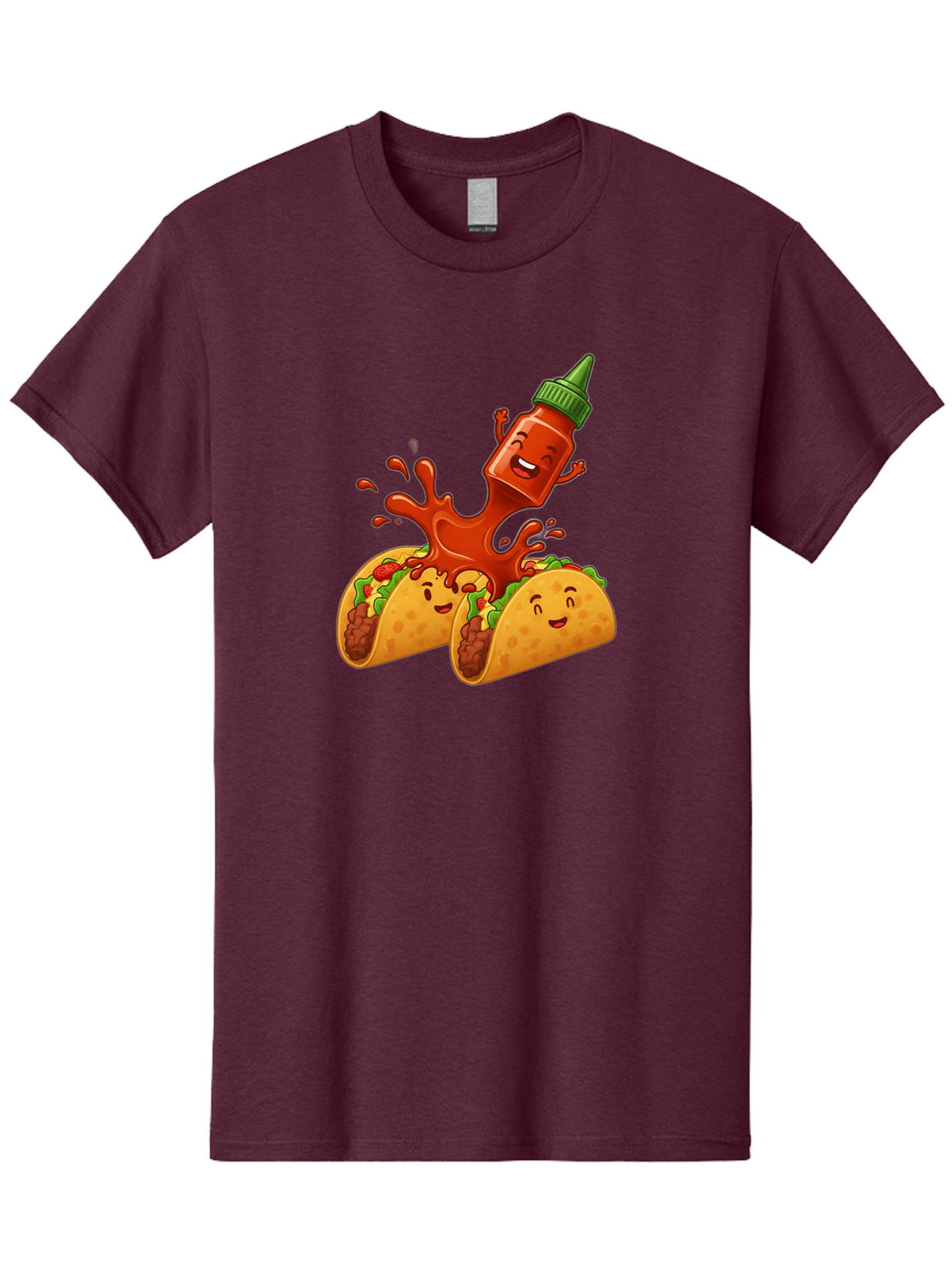 Hot-Sauce-Bottle-And-Tacos Men'S Graphic Tee, 100% Cotton, Comfortable Casual Summer Wear, Machine Washable, Hot Sauce, Ketchup Bottle Character, Cartoon Tacos, Spiky Green Cap, Happy And Playful, Drippy Splatter, Meaty And Leafy Taco Filling, Baa834