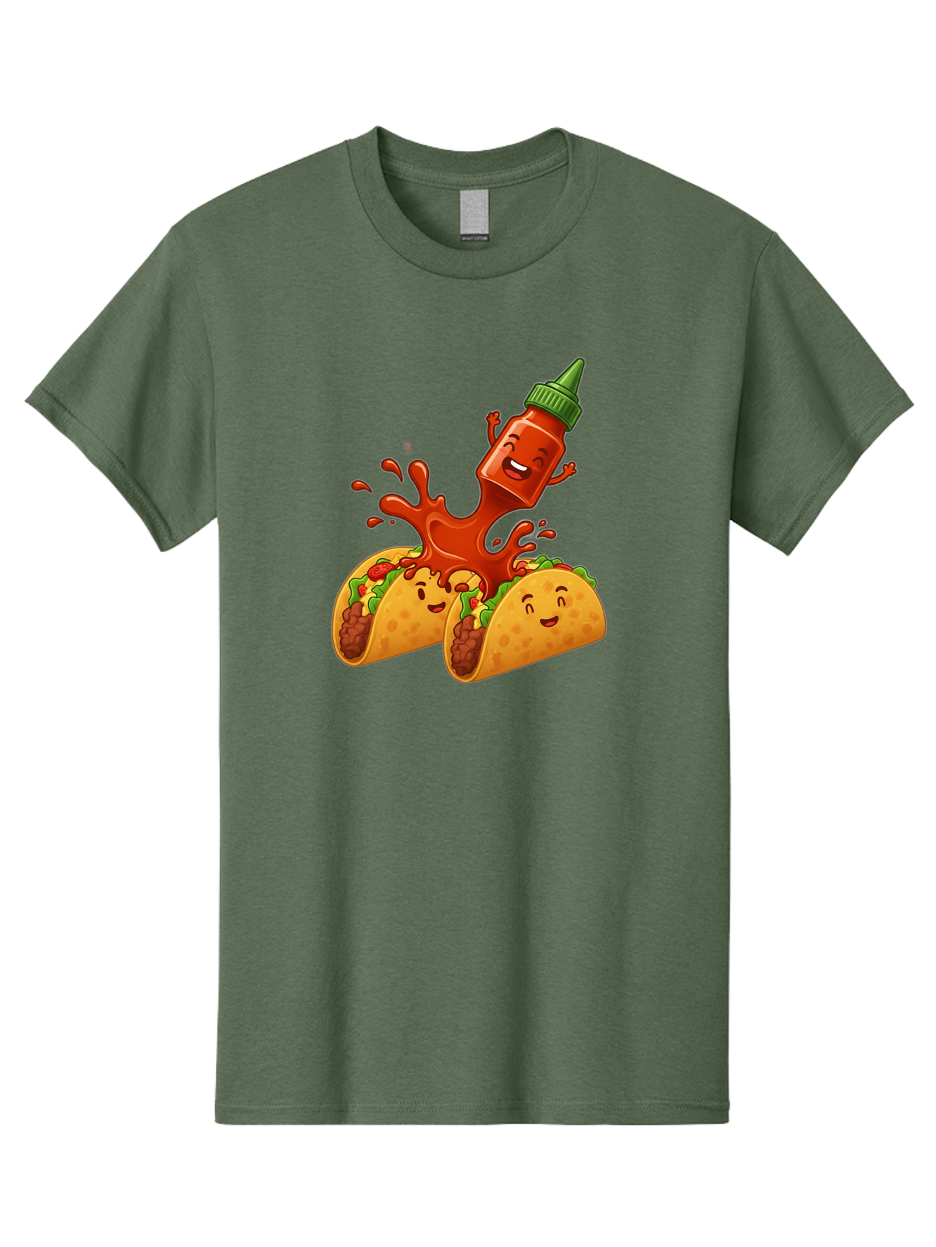 Hot-Sauce-Bottle-And-Tacos Men'S Graphic Tee, 100% Cotton, Comfortable Casual Summer Wear, Machine Washable, Hot Sauce, Ketchup Bottle Character, Cartoon Tacos, Spiky Green Cap, Happy And Playful, Drippy Splatter, Meaty And Leafy Taco Filling, Baa834