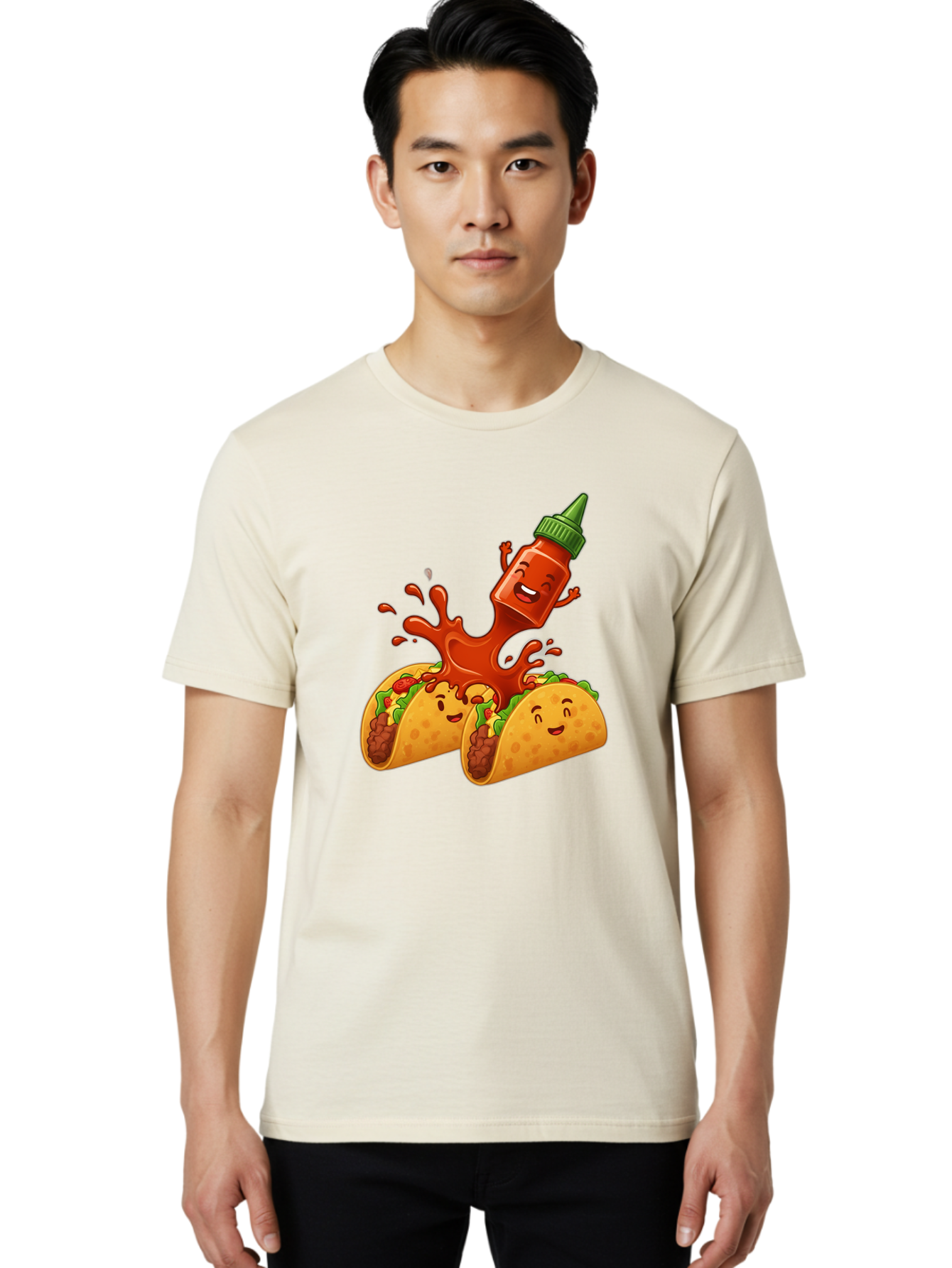 Hot-Sauce-Bottle-And-Tacos Men'S Graphic Tee, 100% Cotton, Comfortable Casual Summer Wear, Machine Washable, Hot Sauce, Ketchup Bottle Character, Cartoon Tacos, Spiky Green Cap, Happy And Playful, Drippy Splatter, Meaty And Leafy Taco Filling, Baa834