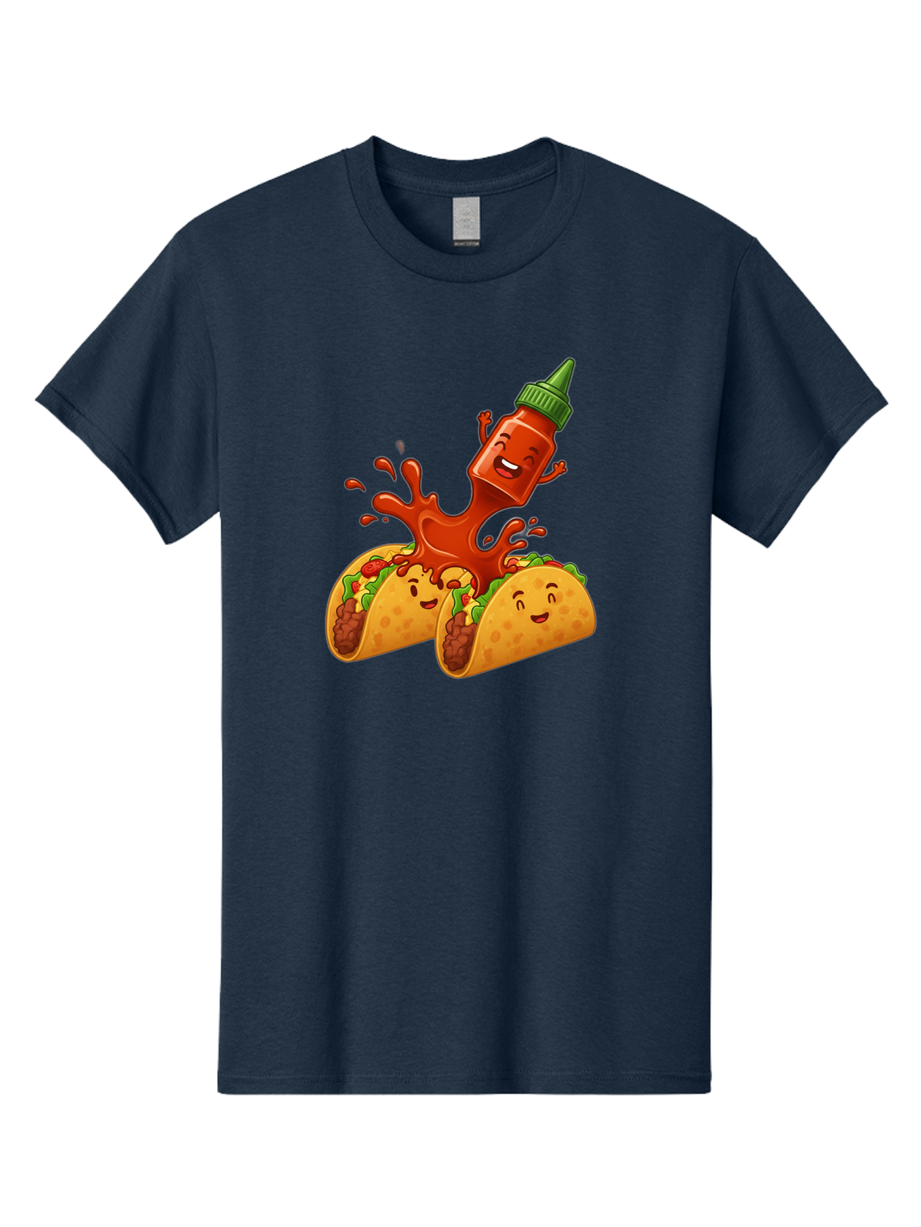 Hot-Sauce-Bottle-And-Tacos Men'S Graphic Tee, 100% Cotton, Comfortable Casual Summer Wear, Machine Washable, Hot Sauce, Ketchup Bottle Character, Cartoon Tacos, Spiky Green Cap, Happy And Playful, Drippy Splatter, Meaty And Leafy Taco Filling, Baa834