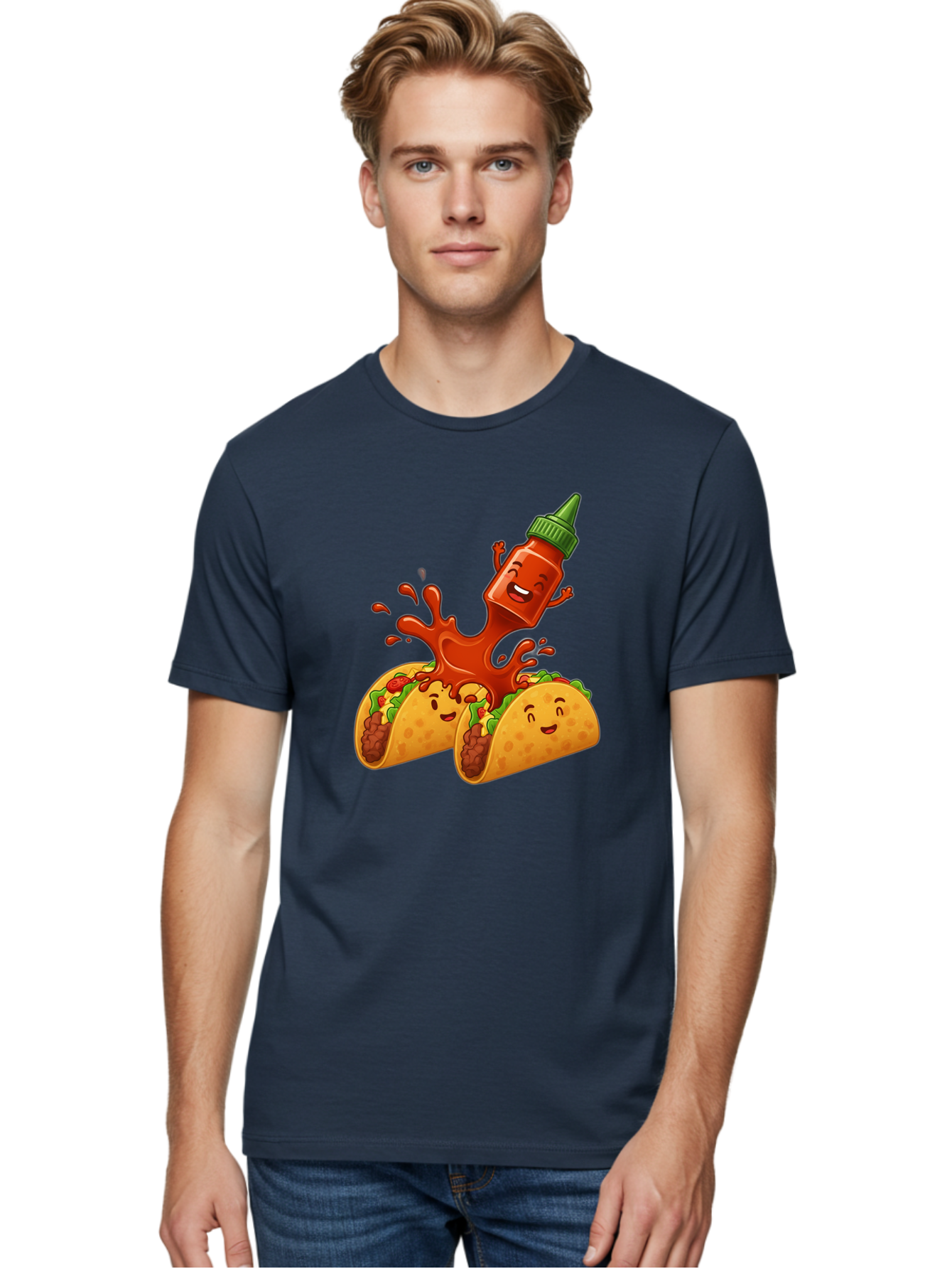 Hot-Sauce-Bottle-And-Tacos Men'S Graphic Tee, 100% Cotton, Comfortable Casual Summer Wear, Machine Washable, Hot Sauce, Ketchup Bottle Character, Cartoon Tacos, Spiky Green Cap, Happy And Playful, Drippy Splatter, Meaty And Leafy Taco Filling, Baa834
