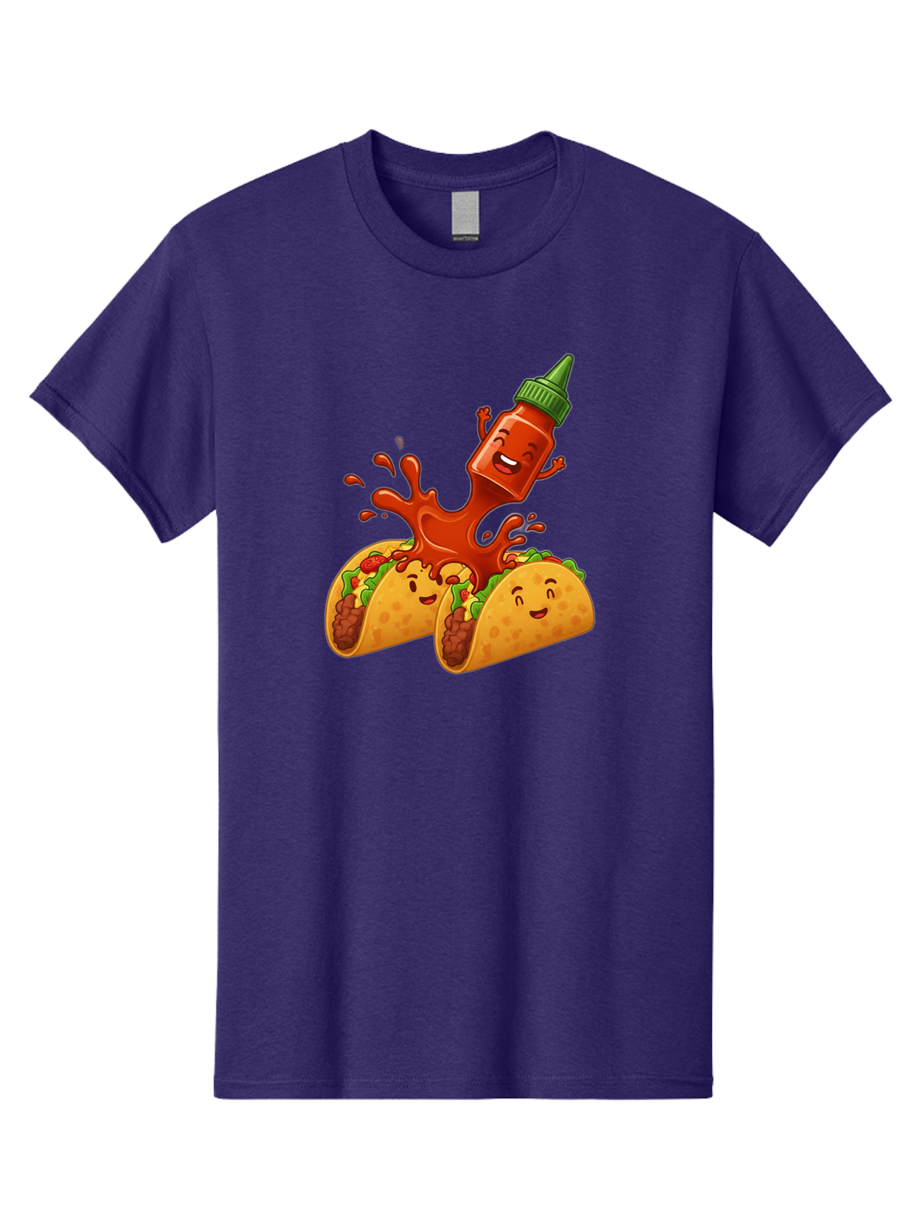 Hot-Sauce-Bottle-And-Tacos Men'S Graphic Tee, 100% Cotton, Comfortable Casual Summer Wear, Machine Washable, Hot Sauce, Ketchup Bottle Character, Cartoon Tacos, Spiky Green Cap, Happy And Playful, Drippy Splatter, Meaty And Leafy Taco Filling, Baa834
