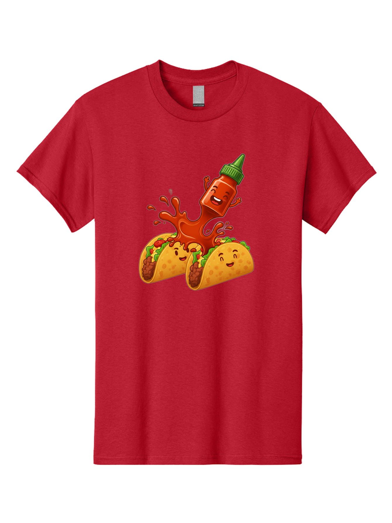 Hot-Sauce-Bottle-And-Tacos Men'S Graphic Tee, 100% Cotton, Comfortable Casual Summer Wear, Machine Washable, Hot Sauce, Ketchup Bottle Character, Cartoon Tacos, Spiky Green Cap, Happy And Playful, Drippy Splatter, Meaty And Leafy Taco Filling, Baa834