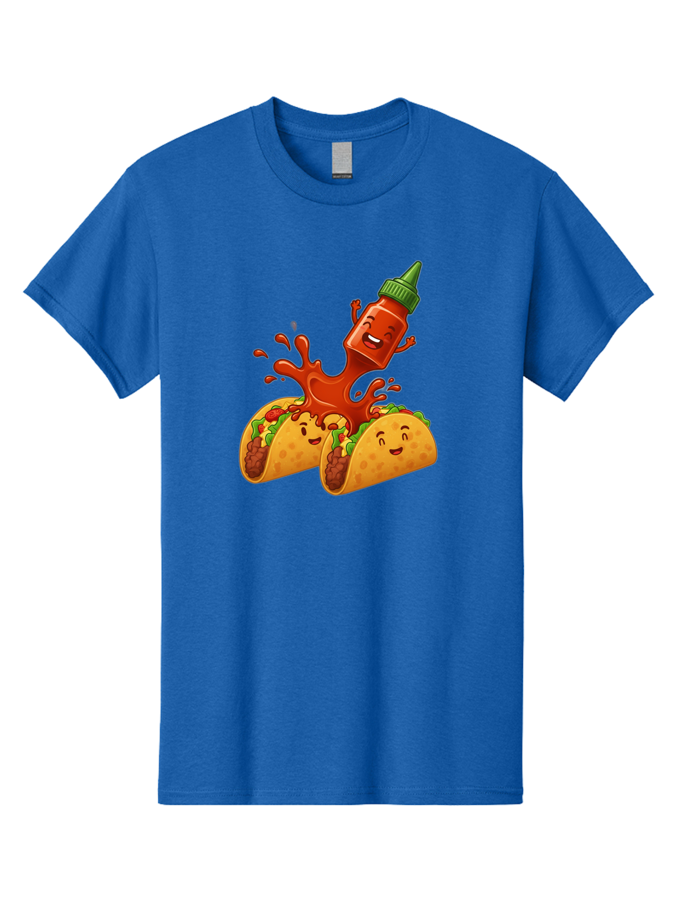 Hot-Sauce-Bottle-And-Tacos Men'S Graphic Tee, 100% Cotton, Comfortable Casual Summer Wear, Machine Washable, Hot Sauce, Ketchup Bottle Character, Cartoon Tacos, Spiky Green Cap, Happy And Playful, Drippy Splatter, Meaty And Leafy Taco Filling, Baa834