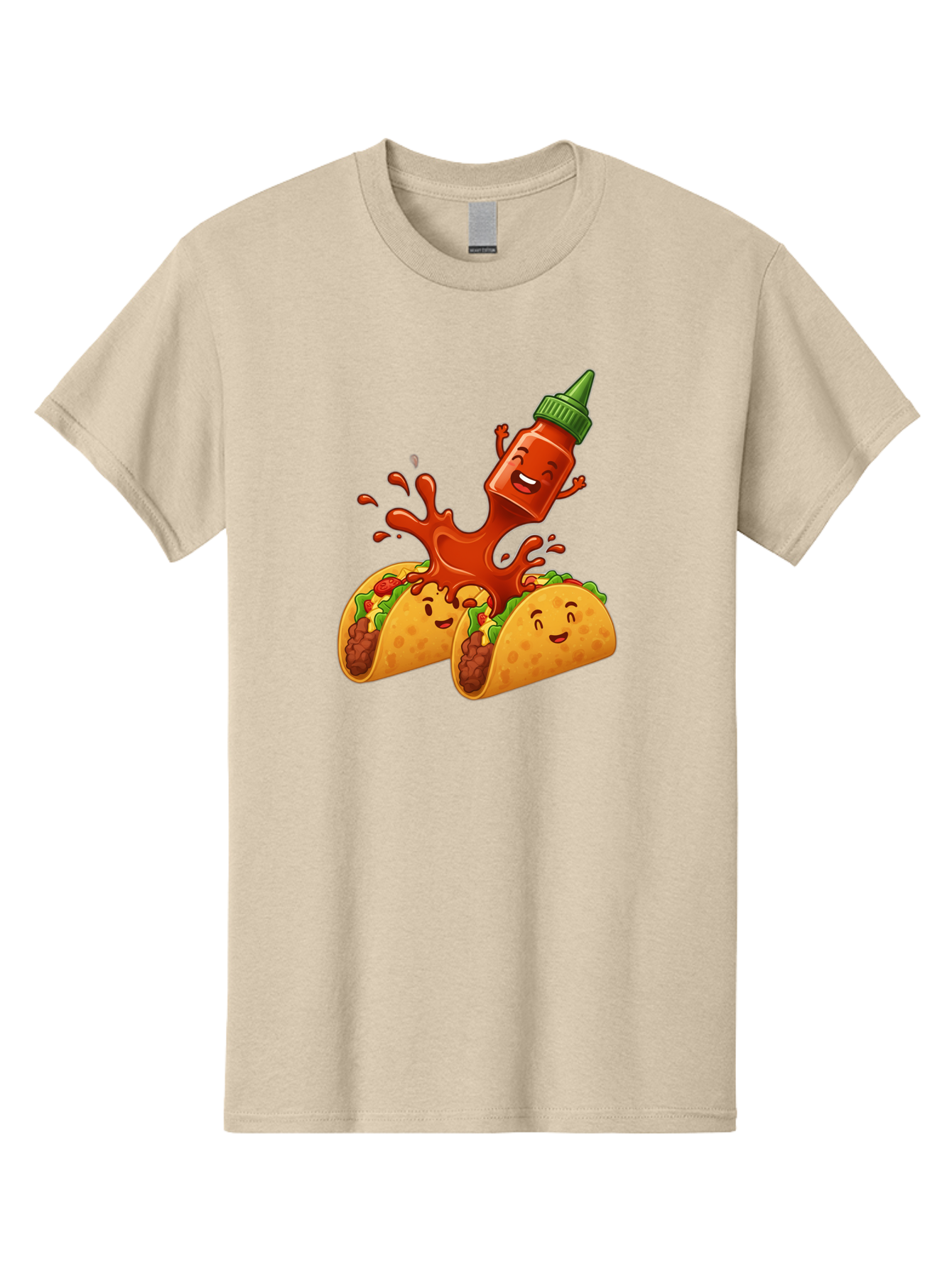 Hot-Sauce-Bottle-And-Tacos Men'S Graphic Tee, 100% Cotton, Comfortable Casual Summer Wear, Machine Washable, Hot Sauce, Ketchup Bottle Character, Cartoon Tacos, Spiky Green Cap, Happy And Playful, Drippy Splatter, Meaty And Leafy Taco Filling, Baa834