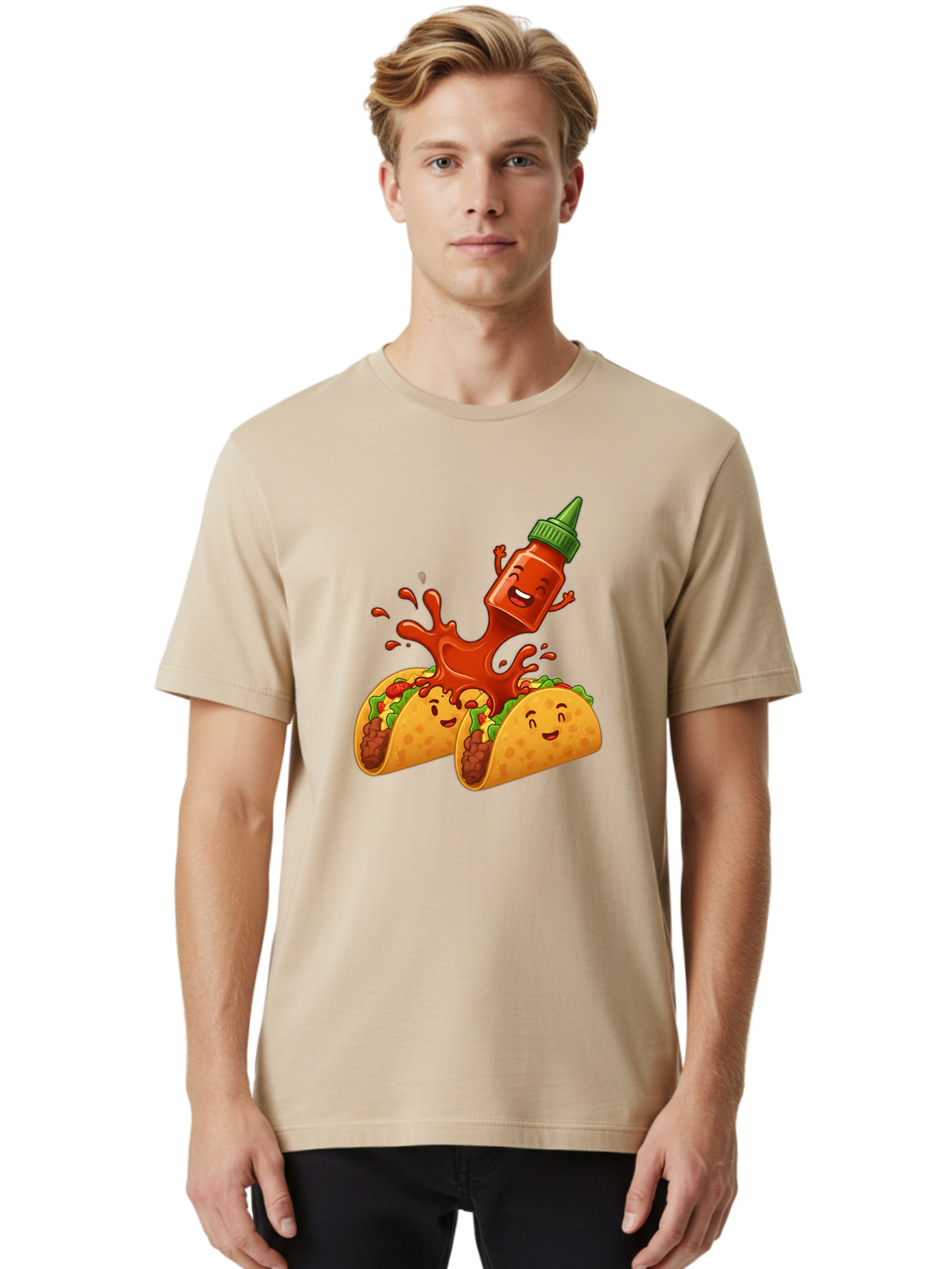 Hot-Sauce-Bottle-And-Tacos Men'S Graphic Tee, 100% Cotton, Comfortable Casual Summer Wear, Machine Washable, Hot Sauce, Ketchup Bottle Character, Cartoon Tacos, Spiky Green Cap, Happy And Playful, Drippy Splatter, Meaty And Leafy Taco Filling, Baa834