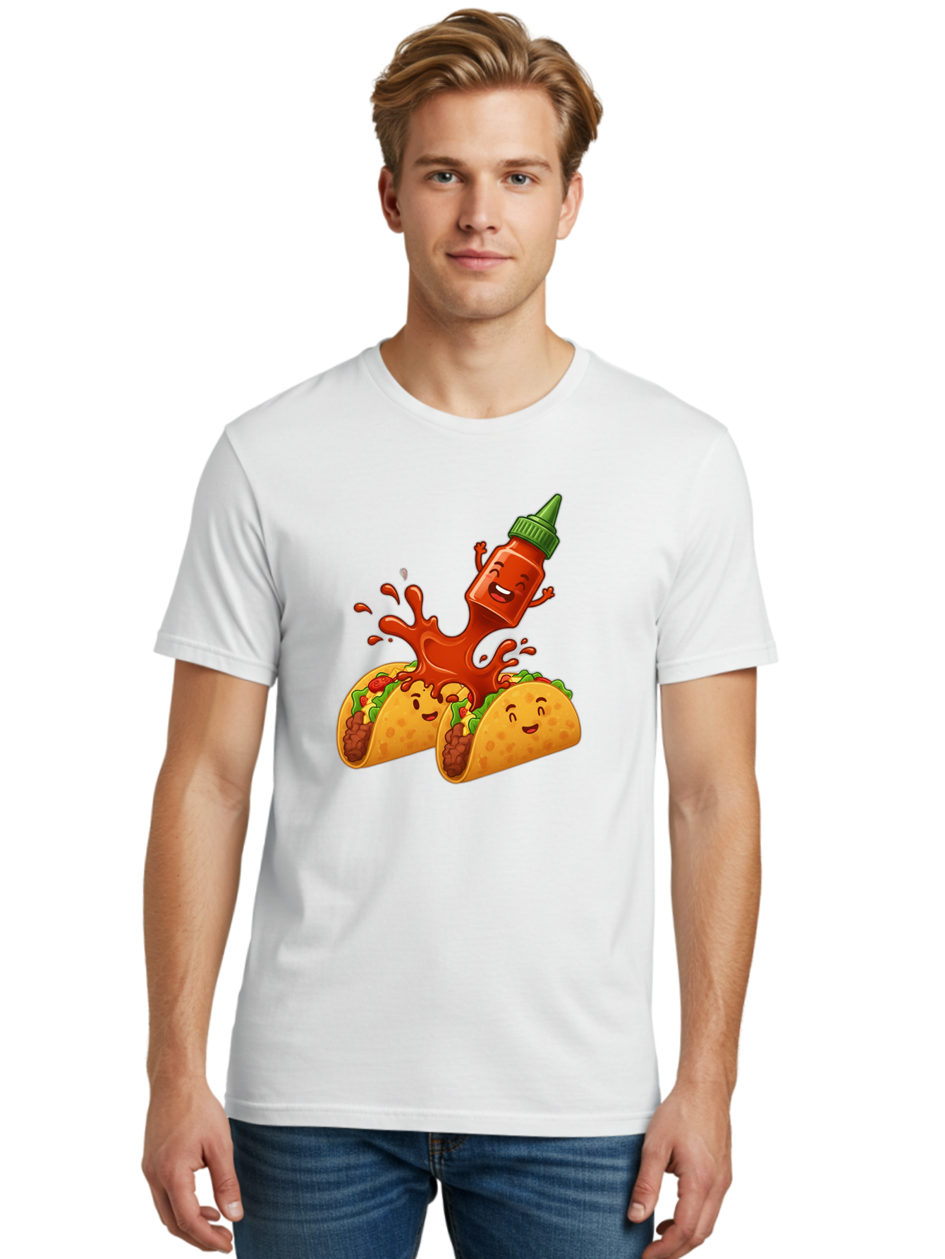 Hot-Sauce-Bottle-And-Tacos Men'S Graphic Tee, 100% Cotton, Comfortable Casual Summer Wear, Machine Washable, Hot Sauce, Ketchup Bottle Character, Cartoon Tacos, Spiky Green Cap, Happy And Playful, Drippy Splatter, Meaty And Leafy Taco Filling, Baa834