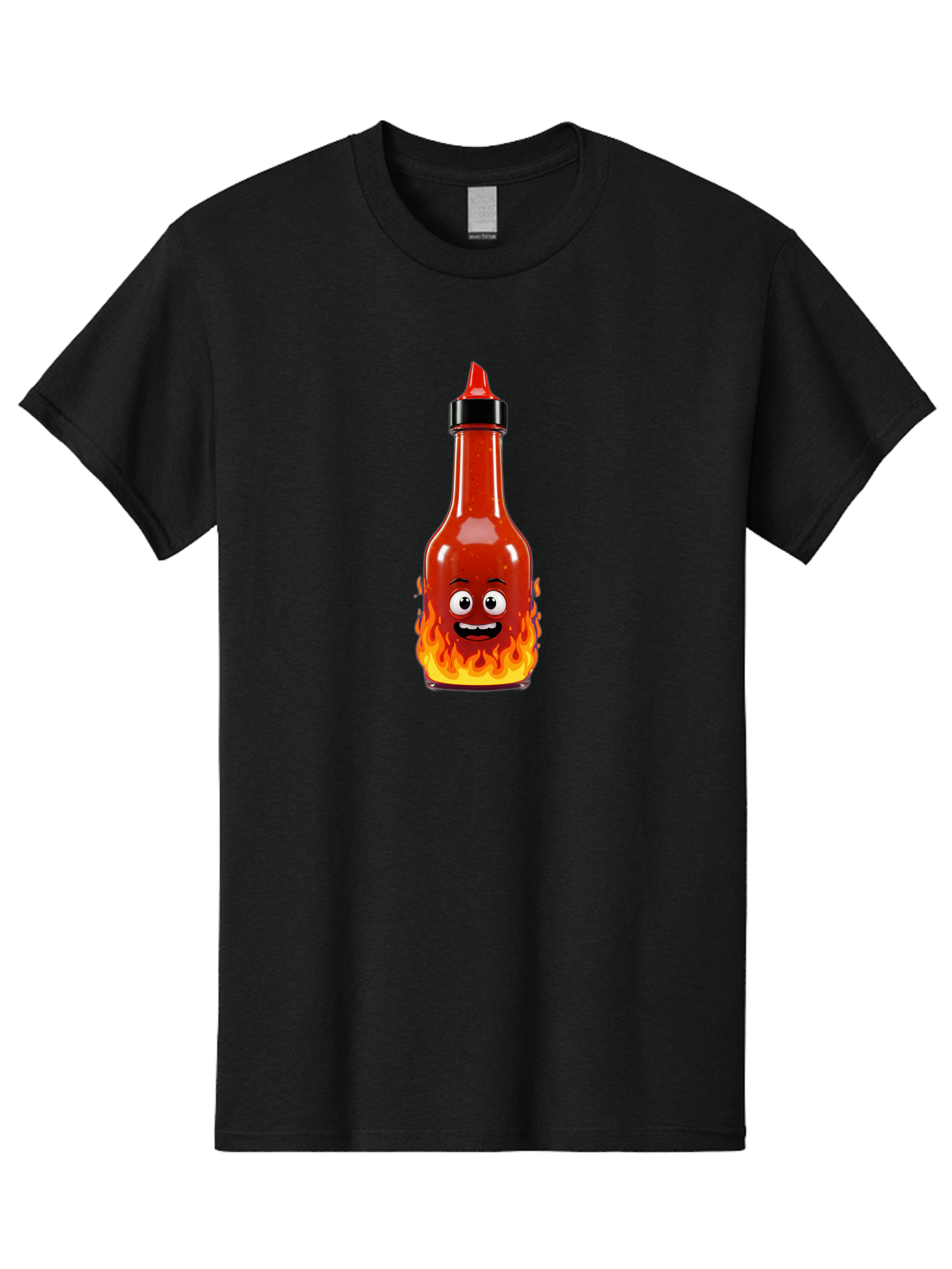 Hot-Sauce-Bottle Men'S Graphic Tee, 100% Cotton, Comfortable Casual Summer Wear, Machine Washable, Hot Sauce Bottle, Cartoon Character, Happy Face, Flames, Spicy Food, Condiment, Cartoon Illustration, Vibrant Colors, Playful Design, Baa835
