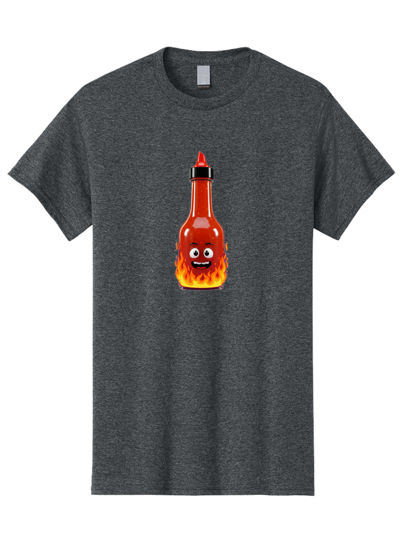 Hot-Sauce-Bottle Men'S Graphic Tee, 100% Cotton, Comfortable Casual Summer Wear, Machine Washable, Hot Sauce Bottle, Cartoon Character, Happy Face, Flames, Spicy Food, Condiment, Cartoon Illustration, Vibrant Colors, Playful Design, Baa835