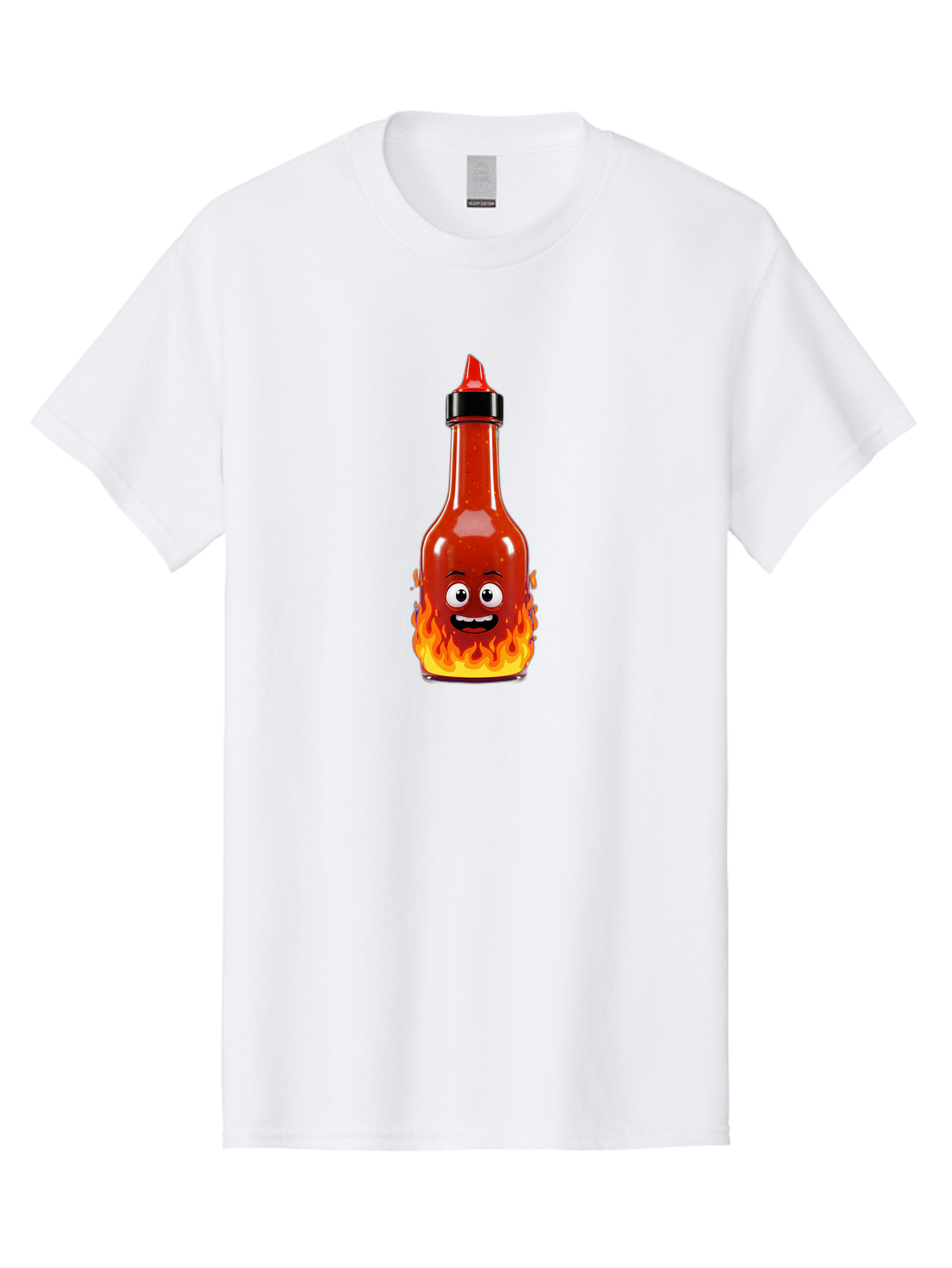 Hot-Sauce-Bottle Men'S Graphic Tee, 100% Cotton, Comfortable Casual Summer Wear, Machine Washable, Hot Sauce Bottle, Cartoon Character, Happy Face, Flames, Spicy Food, Condiment, Cartoon Illustration, Vibrant Colors, Playful Design, Baa835