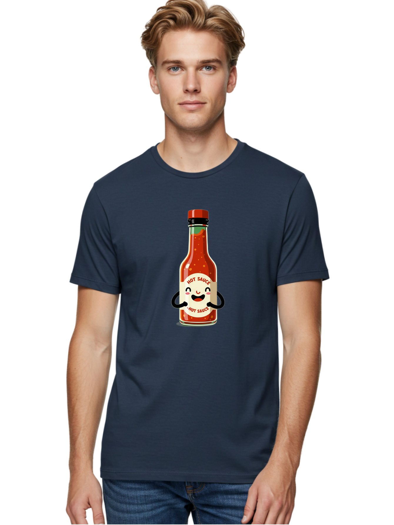 Hot-Sauce Men'S Graphic Tee, 100% Cotton, Comfortable Casual Summer Wear, Machine Washable, Hot Sauce Bottle With A Face, Cartoon Character, Condiment Packaging, Spicy Food, Kawaii Art Style, Playful Design, Sauce Container Baa836