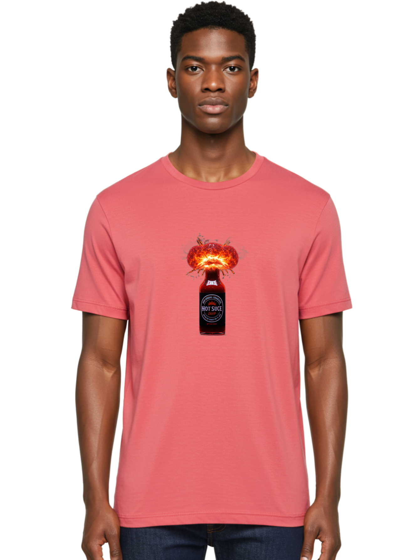 Hot-Suce-Sauce Men'S Graphic Tee, 100% Cotton, Comfortable Casual Summer Wear, Machine Washable, Hot Sauce Bottle, Exploding Sauce, Spicy Condiment, Chili Peppers, Fiery Flavor, Explosive Energy, Hot Sauce Enthusiast, Flavorful Kick, Baa837