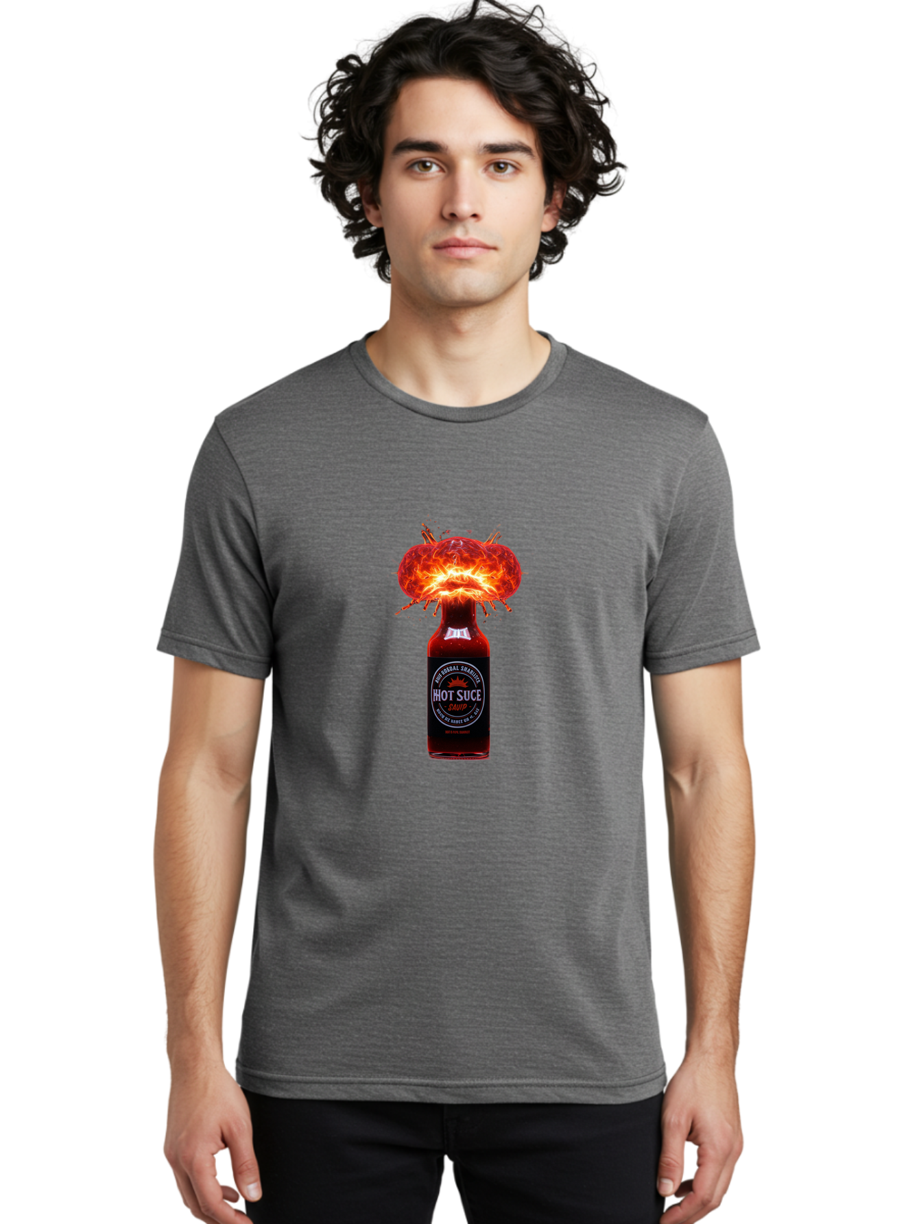 Hot-Suce-Sauce Men'S Graphic Tee, 100% Cotton, Comfortable Casual Summer Wear, Machine Washable, Hot Sauce Bottle, Exploding Sauce, Spicy Condiment, Chili Peppers, Fiery Flavor, Explosive Energy, Hot Sauce Enthusiast, Flavorful Kick, Baa837