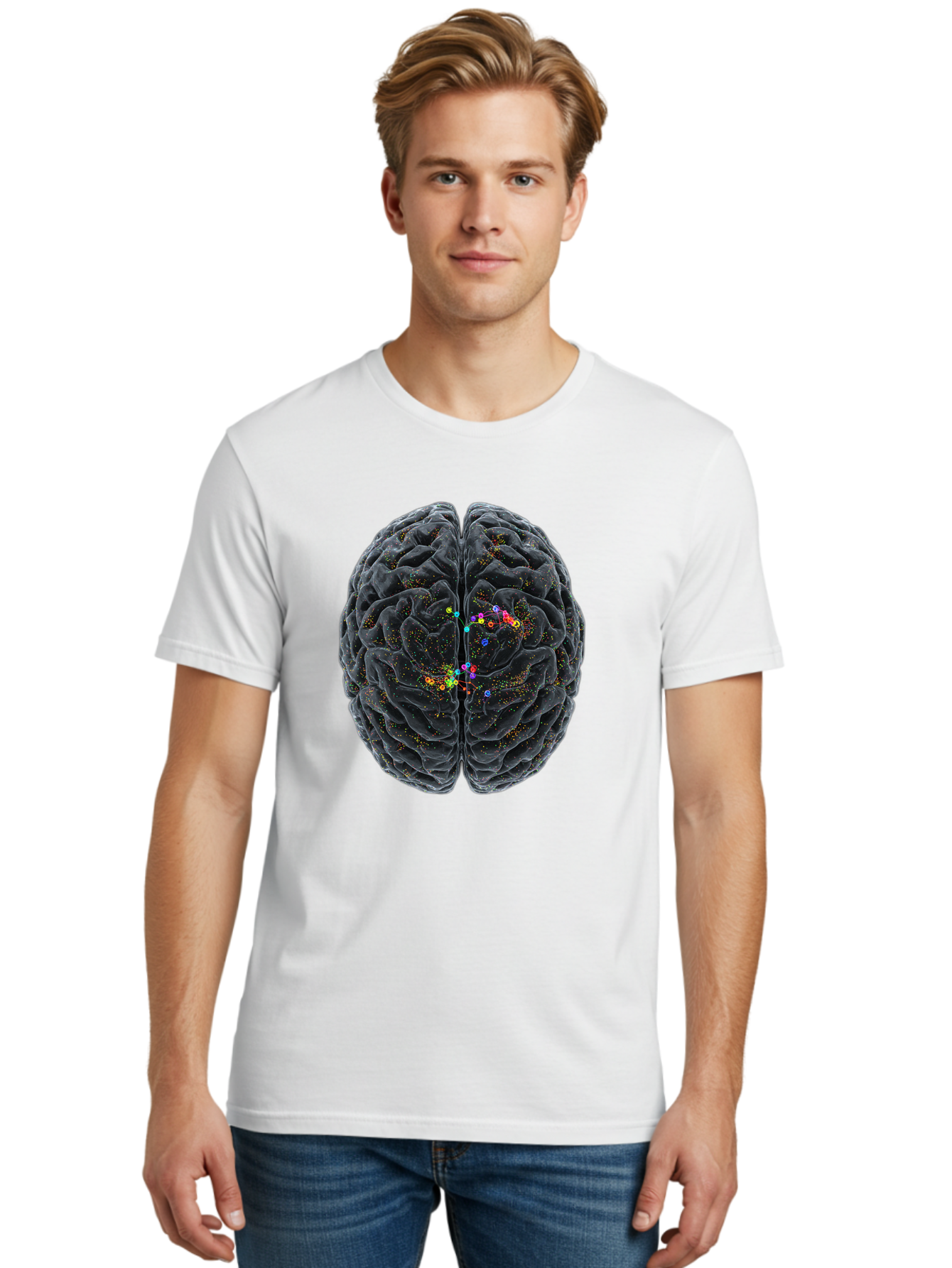 Human-Brain-2 Men'S Graphic Tee, 100% Cotton, Comfortable Casual Summer Wear, Machine Washable, Human Brain Anatomy, Neural Connections, Brain Function, Neuroscience, Cognitive Processes, Colorful Neurons, Synapses, Brain Activity, Baa840