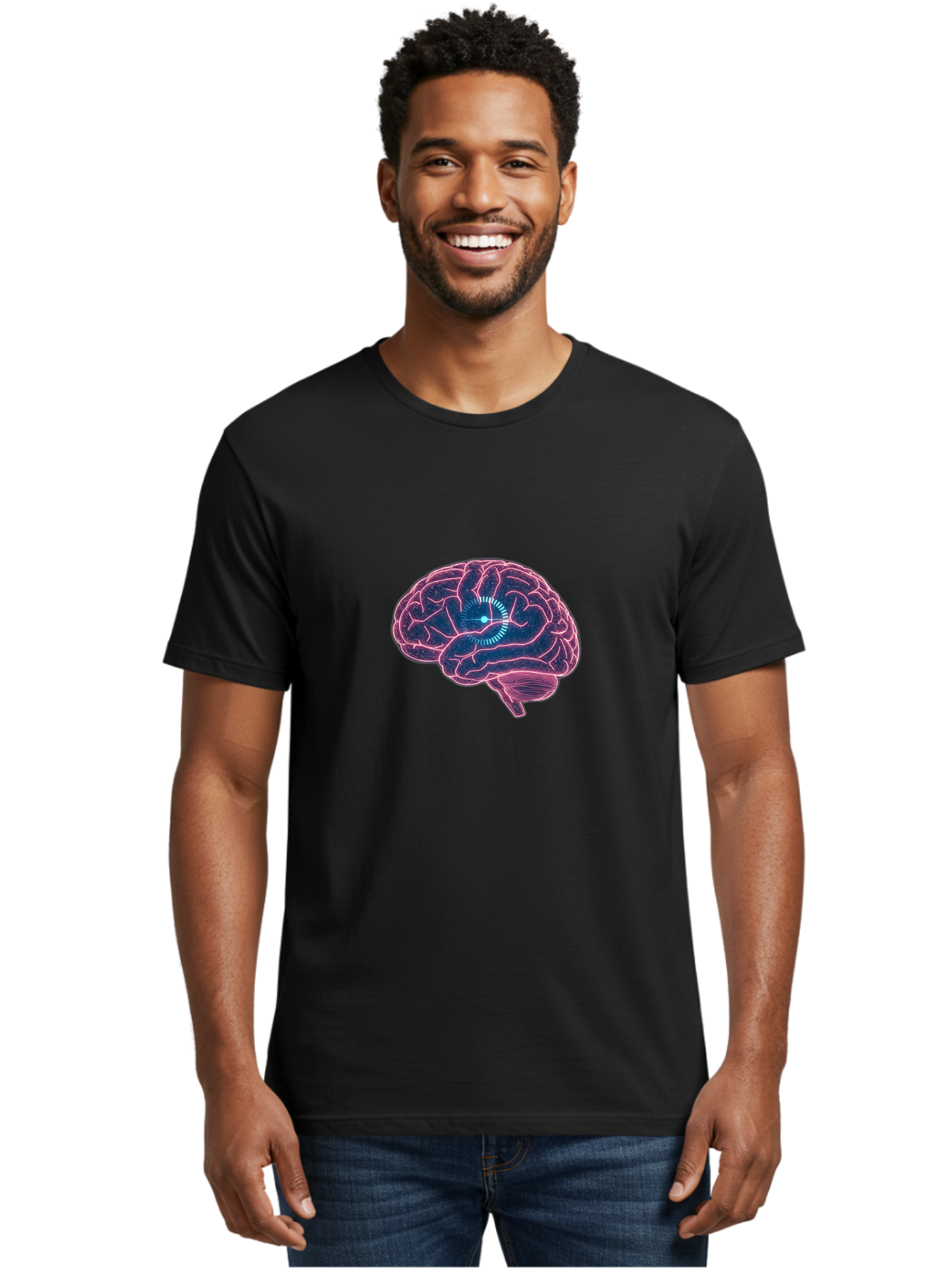 Human-Brain Men'S Graphic Tee, 100% Cotton, Comfortable Casual Summer Wear, Machine Washable, Human Brain, Cognitive Function, Neuroscience, Brain Function, Thought Process, Intelligence, Pink Outline, Blue Glow, Concentrated Thought Baa850