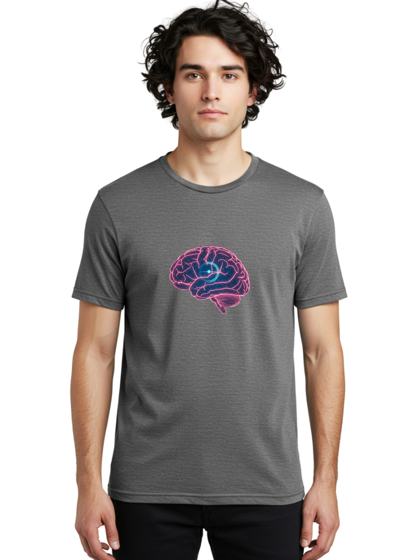 Human-Brain Men'S Graphic Tee, 100% Cotton, Comfortable Casual Summer Wear, Machine Washable, Human Brain, Cognitive Function, Neuroscience, Brain Function, Thought Process, Intelligence, Pink Outline, Blue Glow, Concentrated Thought Baa850
