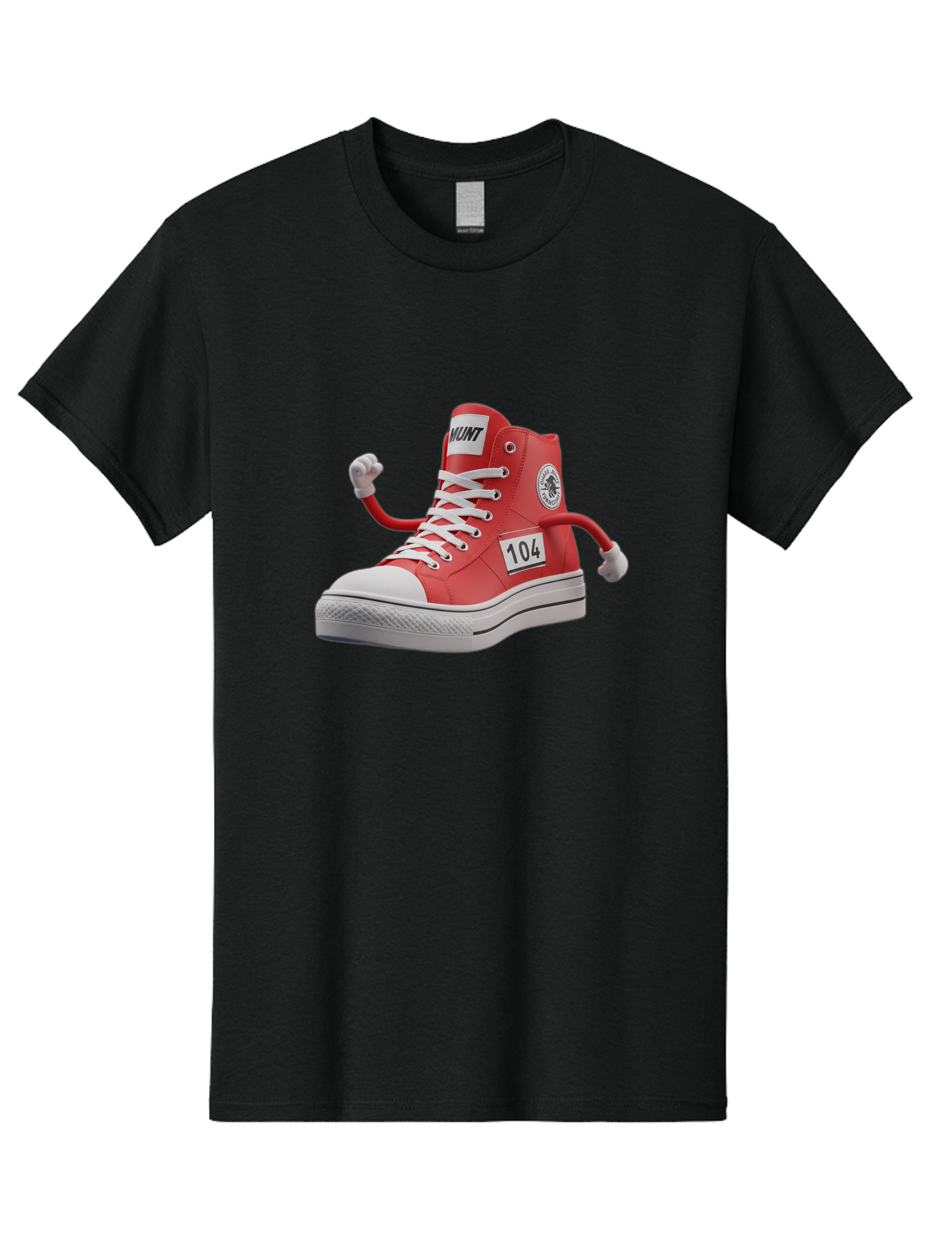 Hunt Men'S Graphic Tee, 100% Cotton, Comfortable Casual Summer Wear, Machine Washable, Red High-Top Sneaker, Hunt Logo, 104 Label, Cartoon Hands, Quirky Design, Bold Fashion Statement, Sneakers With Arms, Humorous Illustration, Baa851