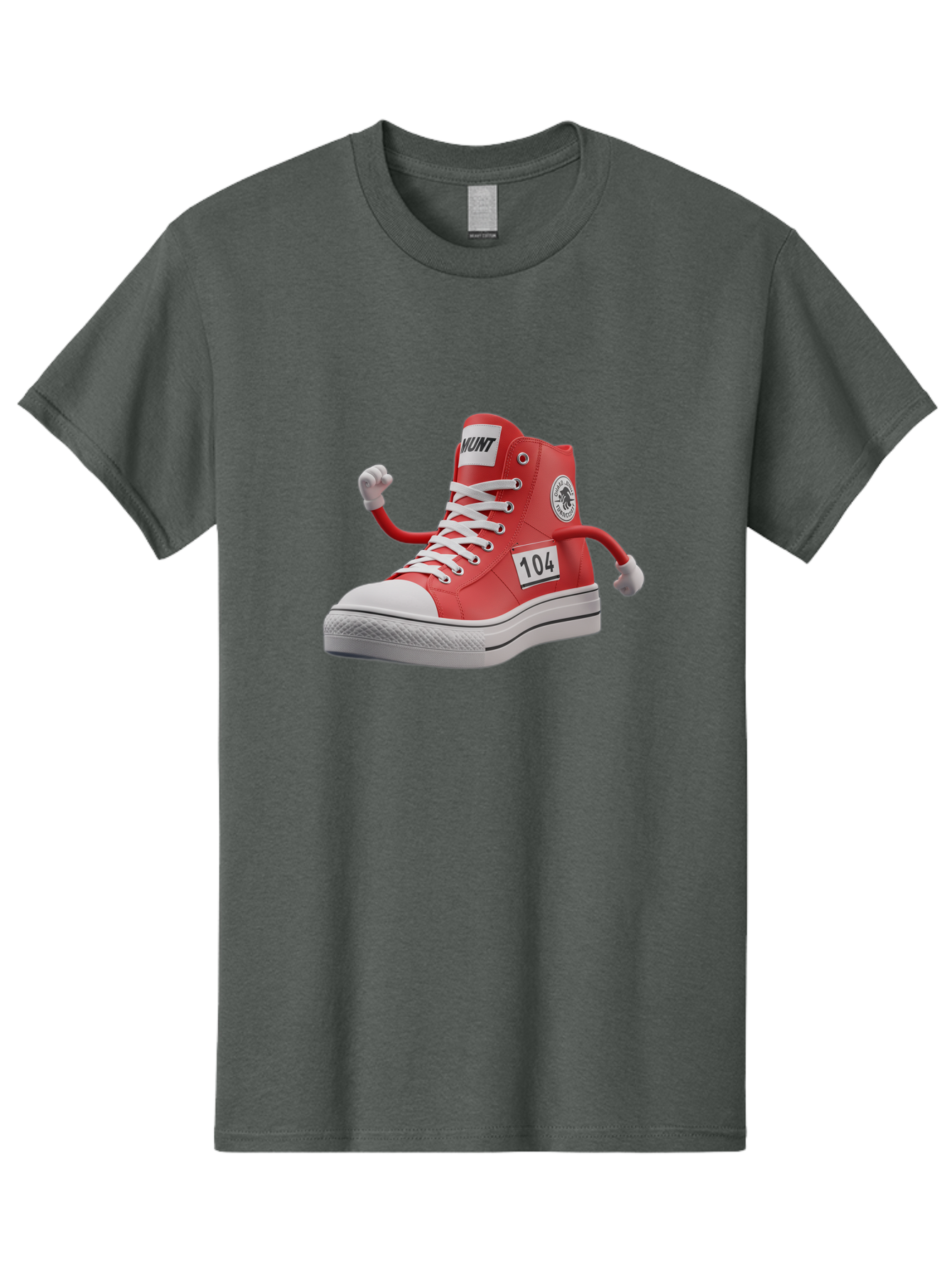 Hunt Men'S Graphic Tee, 100% Cotton, Comfortable Casual Summer Wear, Machine Washable, Red High-Top Sneaker, Hunt Logo, 104 Label, Cartoon Hands, Quirky Design, Bold Fashion Statement, Sneakers With Arms, Humorous Illustration, Baa851