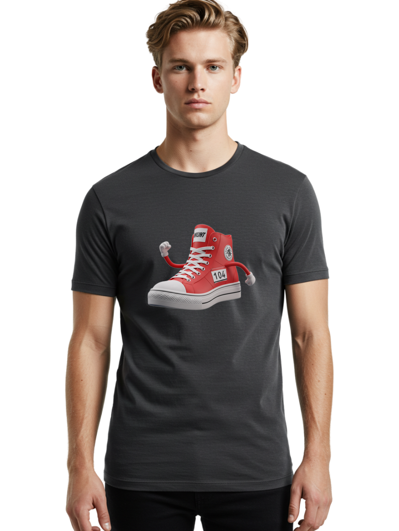 Hunt Men'S Graphic Tee, 100% Cotton, Comfortable Casual Summer Wear, Machine Washable, Red High-Top Sneaker, Hunt Logo, 104 Label, Cartoon Hands, Quirky Design, Bold Fashion Statement, Sneakers With Arms, Humorous Illustration, Baa851