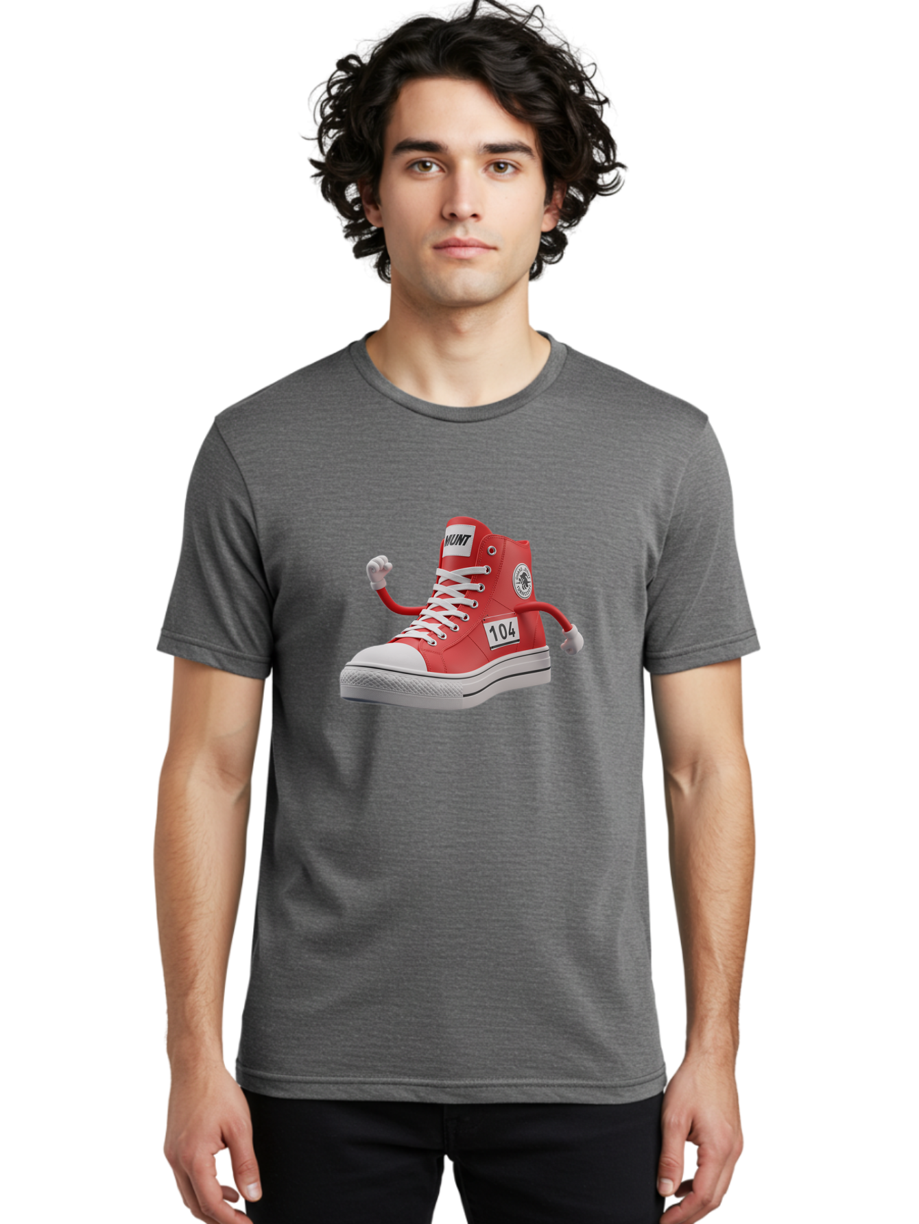 Hunt Men'S Graphic Tee, 100% Cotton, Comfortable Casual Summer Wear, Machine Washable, Red High-Top Sneaker, Hunt Logo, 104 Label, Cartoon Hands, Quirky Design, Bold Fashion Statement, Sneakers With Arms, Humorous Illustration, Baa851