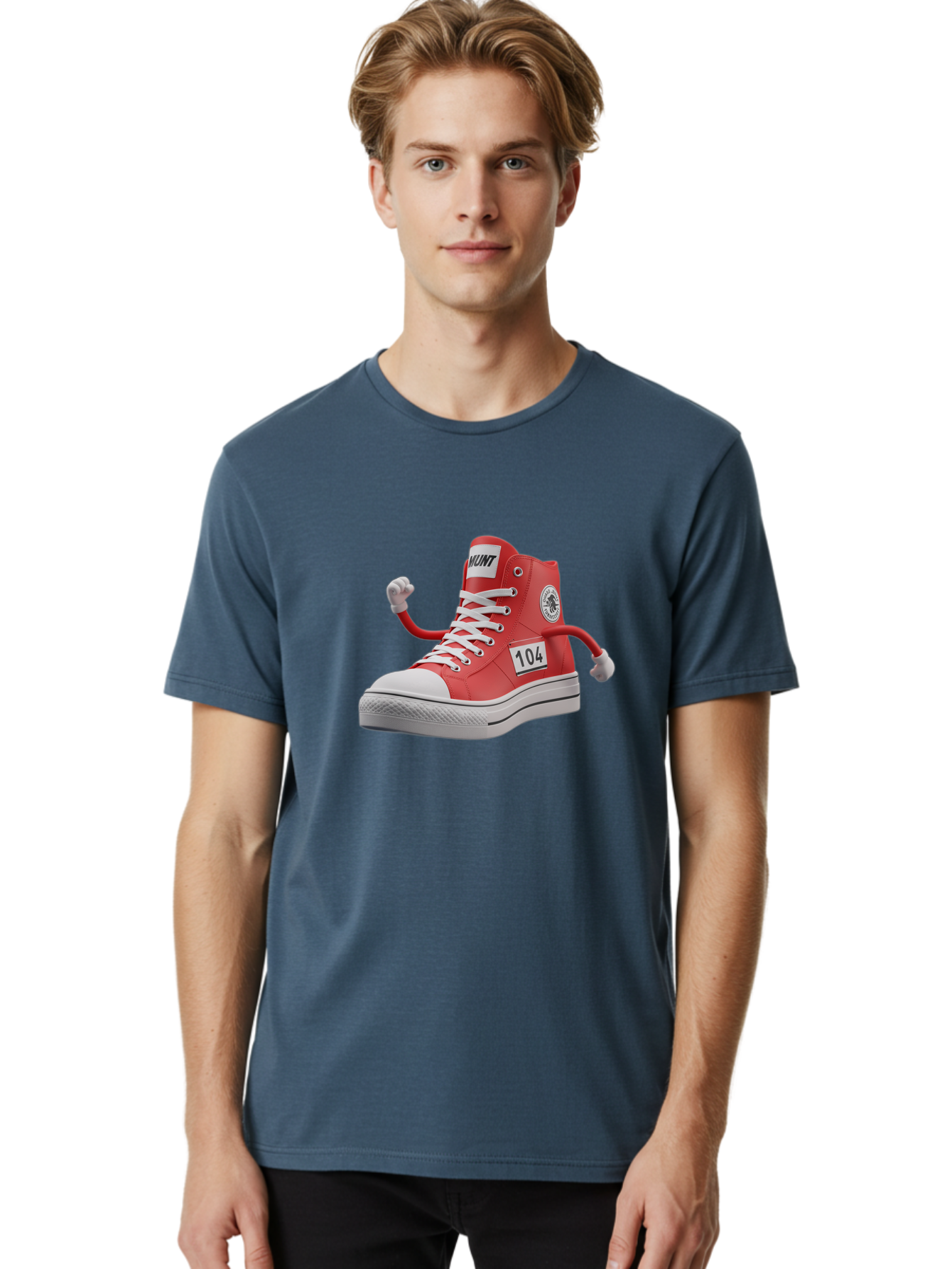 Hunt Men'S Graphic Tee, 100% Cotton, Comfortable Casual Summer Wear, Machine Washable, Red High-Top Sneaker, Hunt Logo, 104 Label, Cartoon Hands, Quirky Design, Bold Fashion Statement, Sneakers With Arms, Humorous Illustration, Baa851