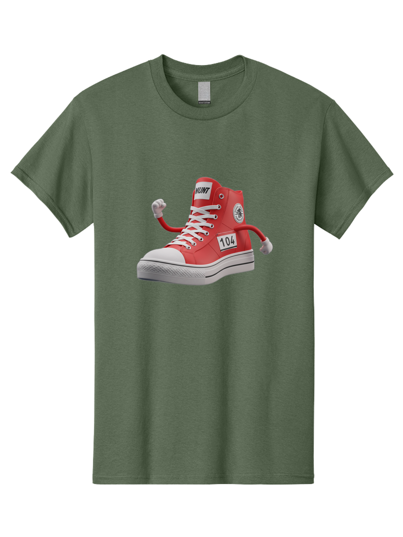 Hunt Men'S Graphic Tee, 100% Cotton, Comfortable Casual Summer Wear, Machine Washable, Red High-Top Sneaker, Hunt Logo, 104 Label, Cartoon Hands, Quirky Design, Bold Fashion Statement, Sneakers With Arms, Humorous Illustration, Baa851