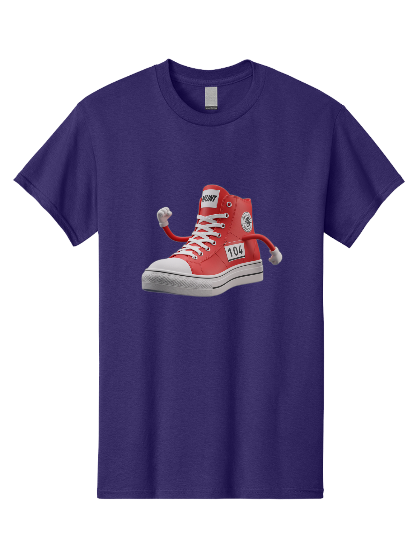 Hunt Men'S Graphic Tee, 100% Cotton, Comfortable Casual Summer Wear, Machine Washable, Red High-Top Sneaker, Hunt Logo, 104 Label, Cartoon Hands, Quirky Design, Bold Fashion Statement, Sneakers With Arms, Humorous Illustration, Baa851