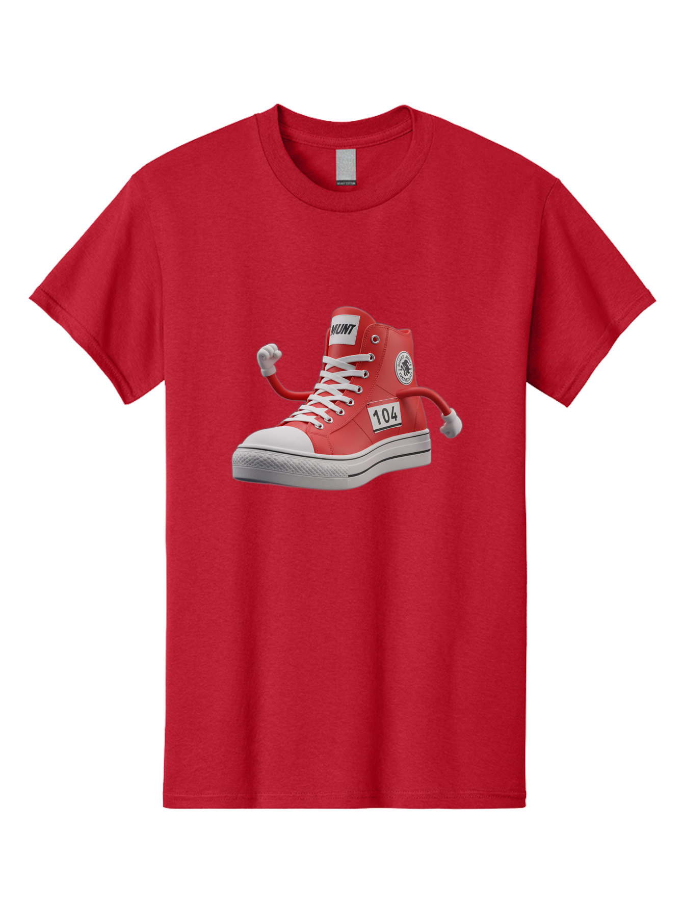 Hunt Men'S Graphic Tee, 100% Cotton, Comfortable Casual Summer Wear, Machine Washable, Red High-Top Sneaker, Hunt Logo, 104 Label, Cartoon Hands, Quirky Design, Bold Fashion Statement, Sneakers With Arms, Humorous Illustration, Baa851